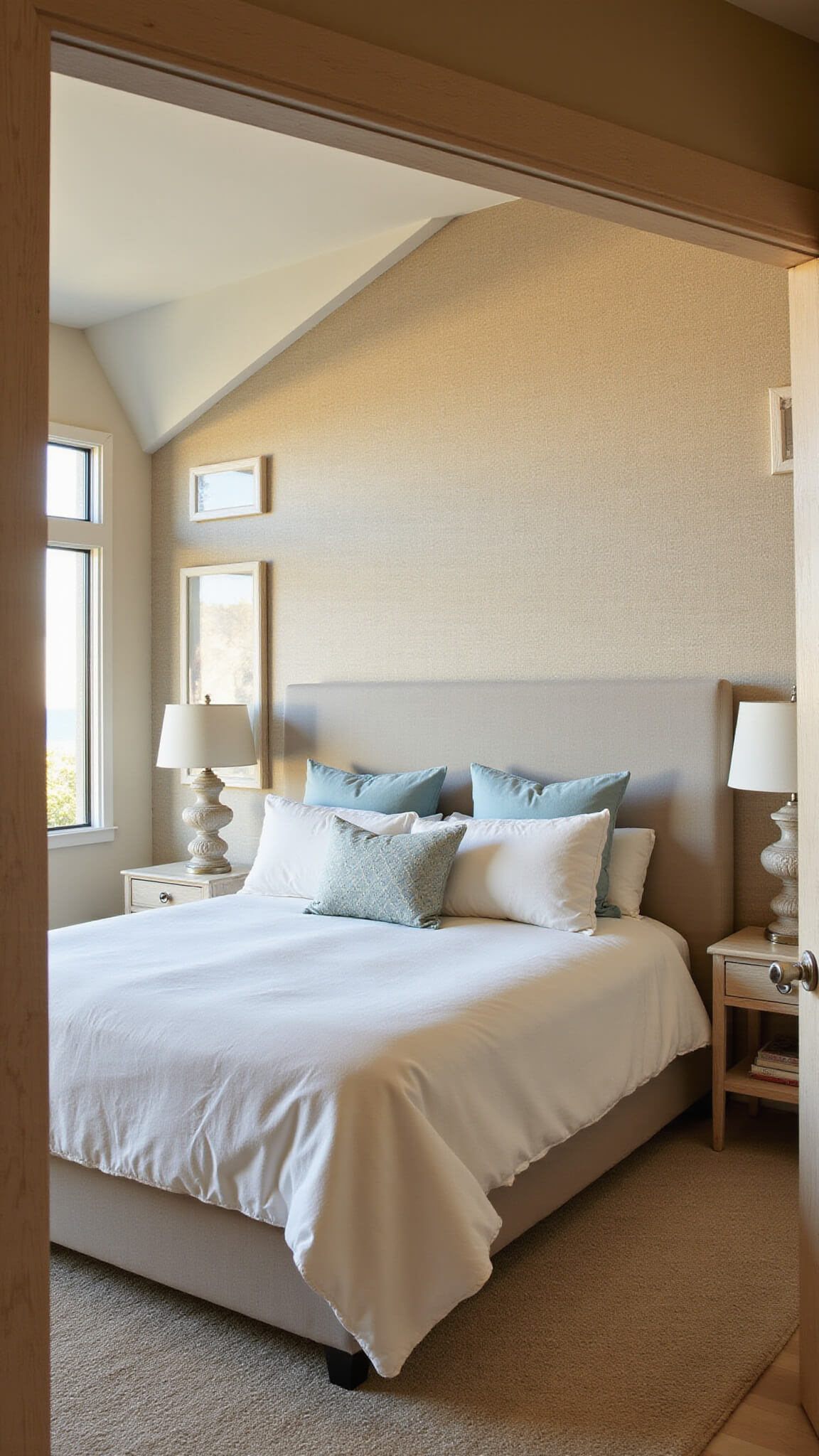 Modern coastal primary bedroom with vaulted ceiling, California king bed, ocean views through oversized windows, warm beige grasscloth wallpaper, and soft golden hour lighting.