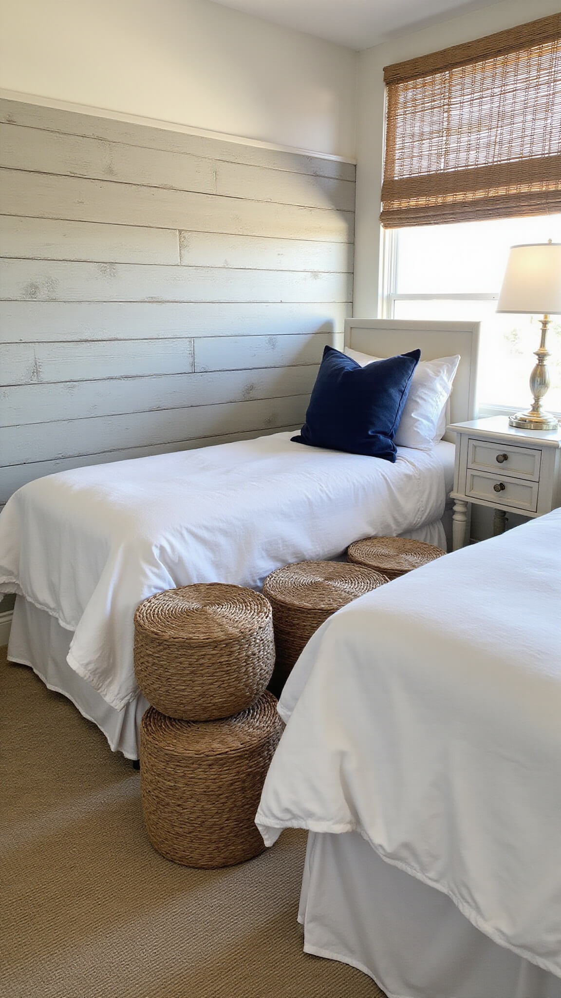 Sunlit 12x14ft guest bedroom with twin beds in white and navy, bamboo blinds, gray shiplap wall, seagrass baskets under a whitewashed console, viewed from above.