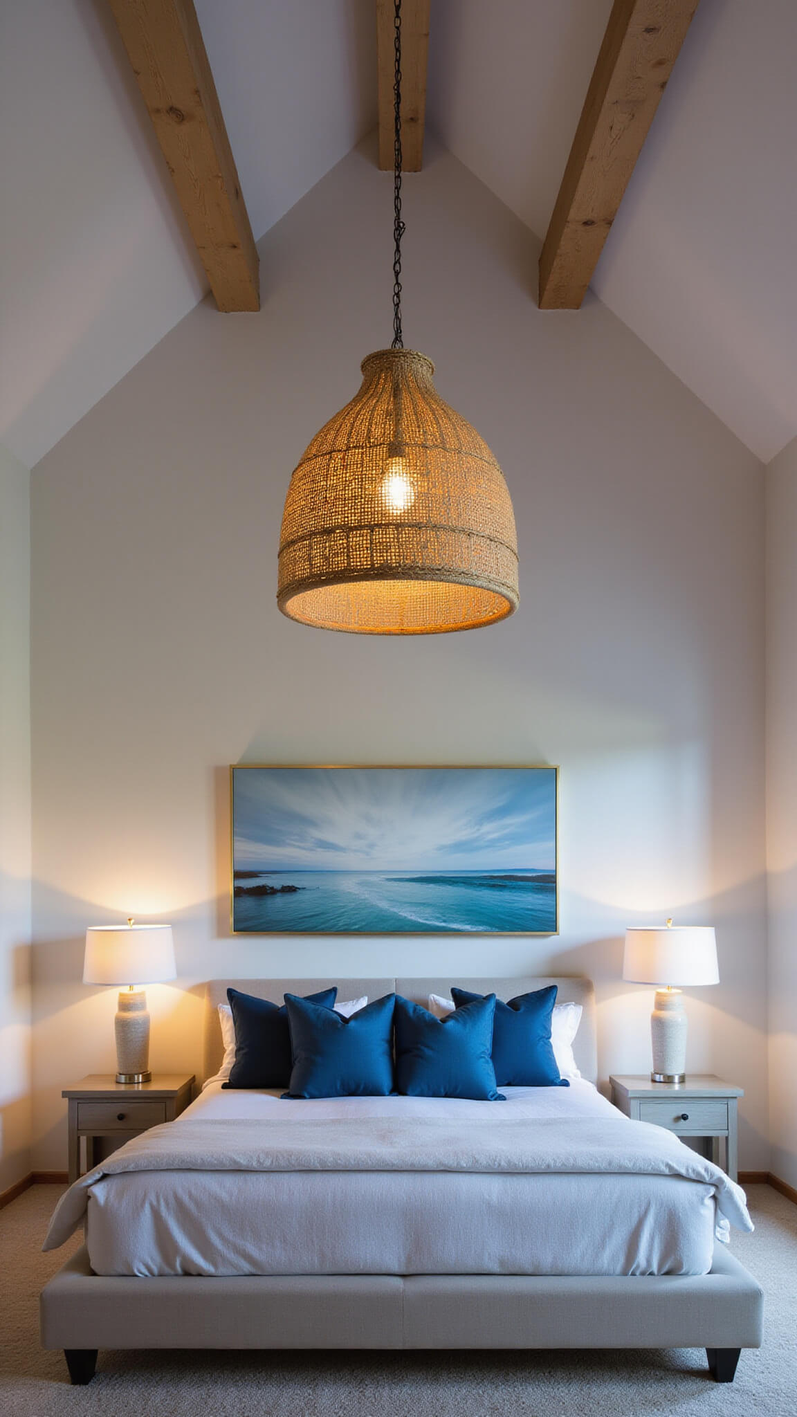 Coastal master bedroom with architectural ceiling beams, platform bed in stone-washed linen, gradient blue pillows, seascape artwork, and natural fiber chandelier at dusk.