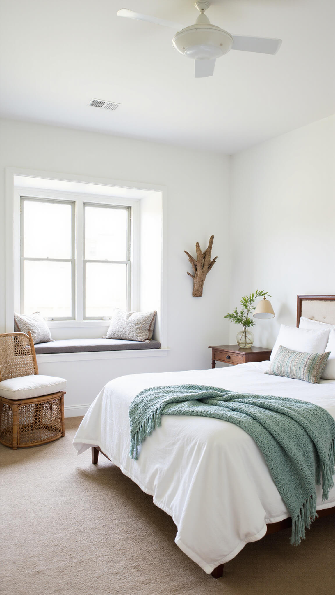 Airy corner bedroom with queen bed in white bedding, sea glass throws, window seat nook, vintage rattan chair, cream bouclé ottoman, and driftwood wall sculpture, bathed in mid-morning natural light.