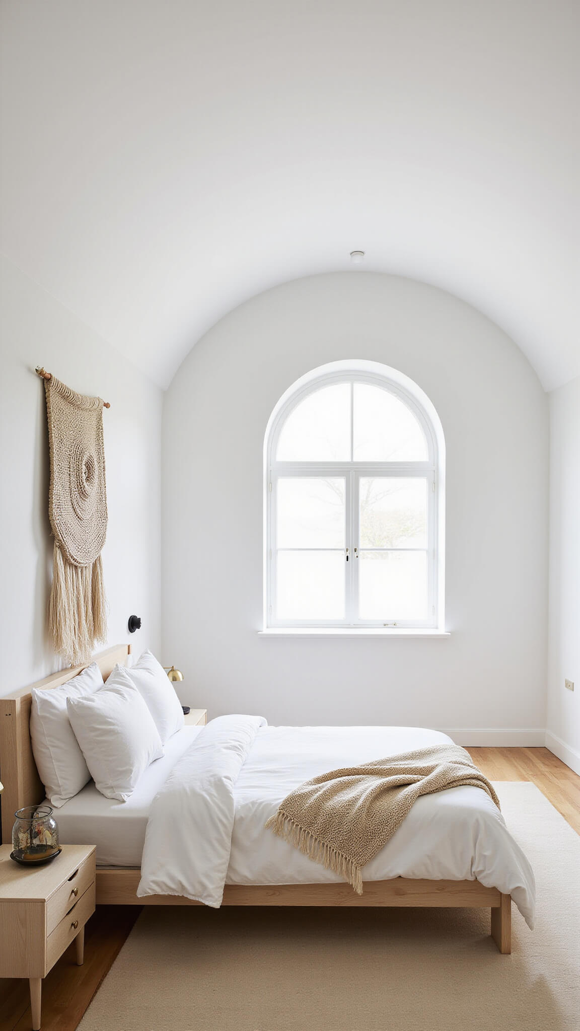 Minimalist coastal bedroom with arched window, platform bed in white bedding, bleached wood furniture, and neutral wall hanging, shot from above in bright lighting.