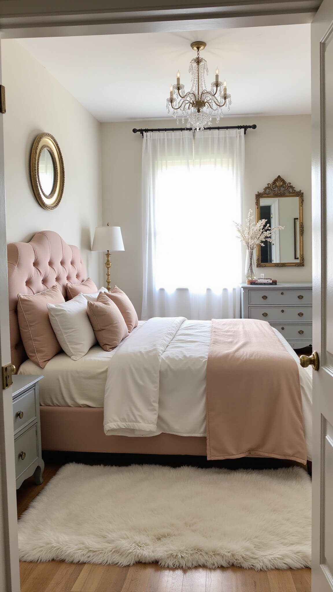 Feminine 14x16ft bedroom with blush velvet king bed, champagne and ivory bedding, crystal chandelier, vintage mirror, and soft morning light through sheer curtains.