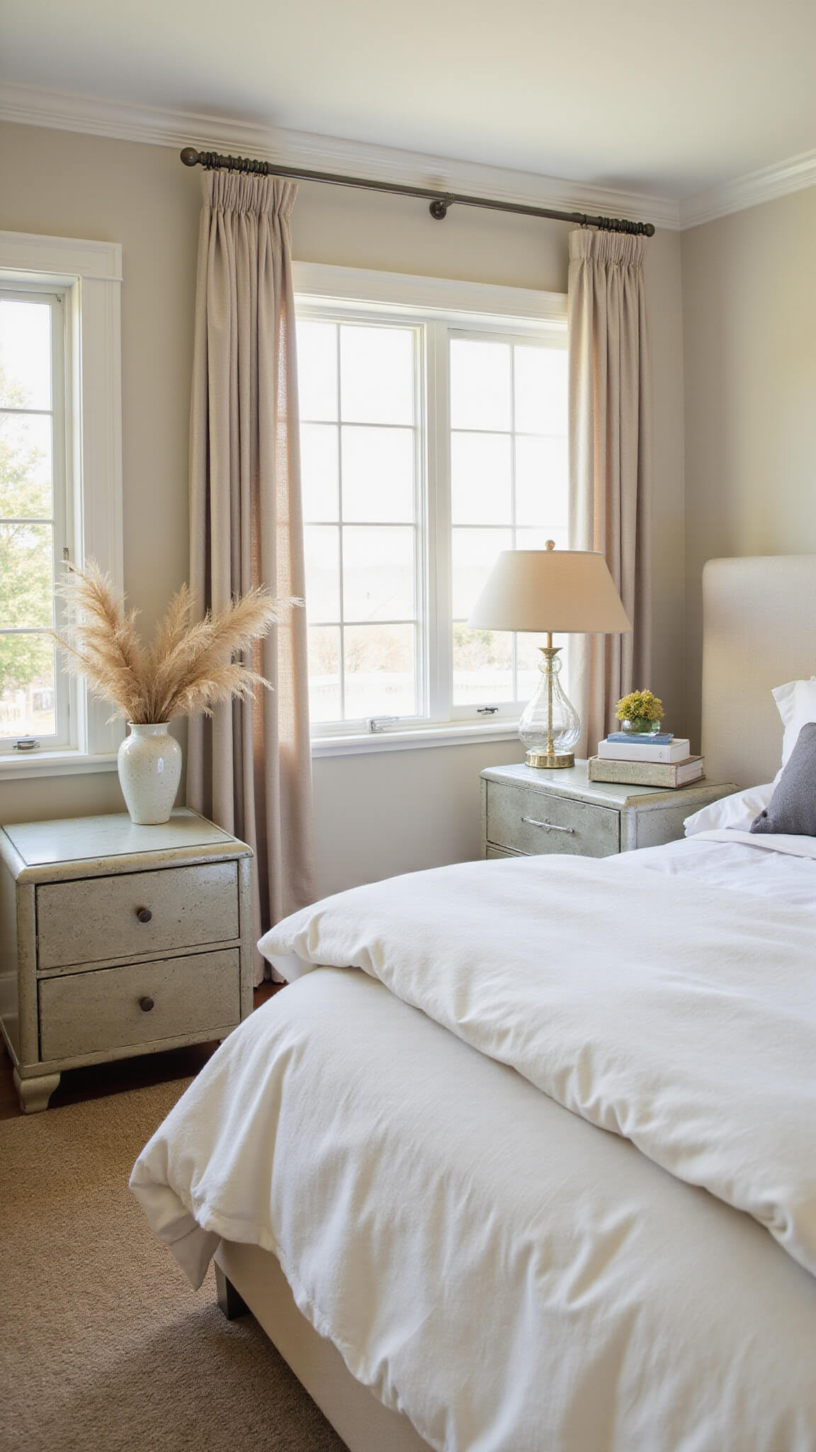Elegant greige master bedroom with queen bed in white and grey linens, antique mirrored nightstands, mercury glass lamps, and pampas grass in warm golden hour light.
