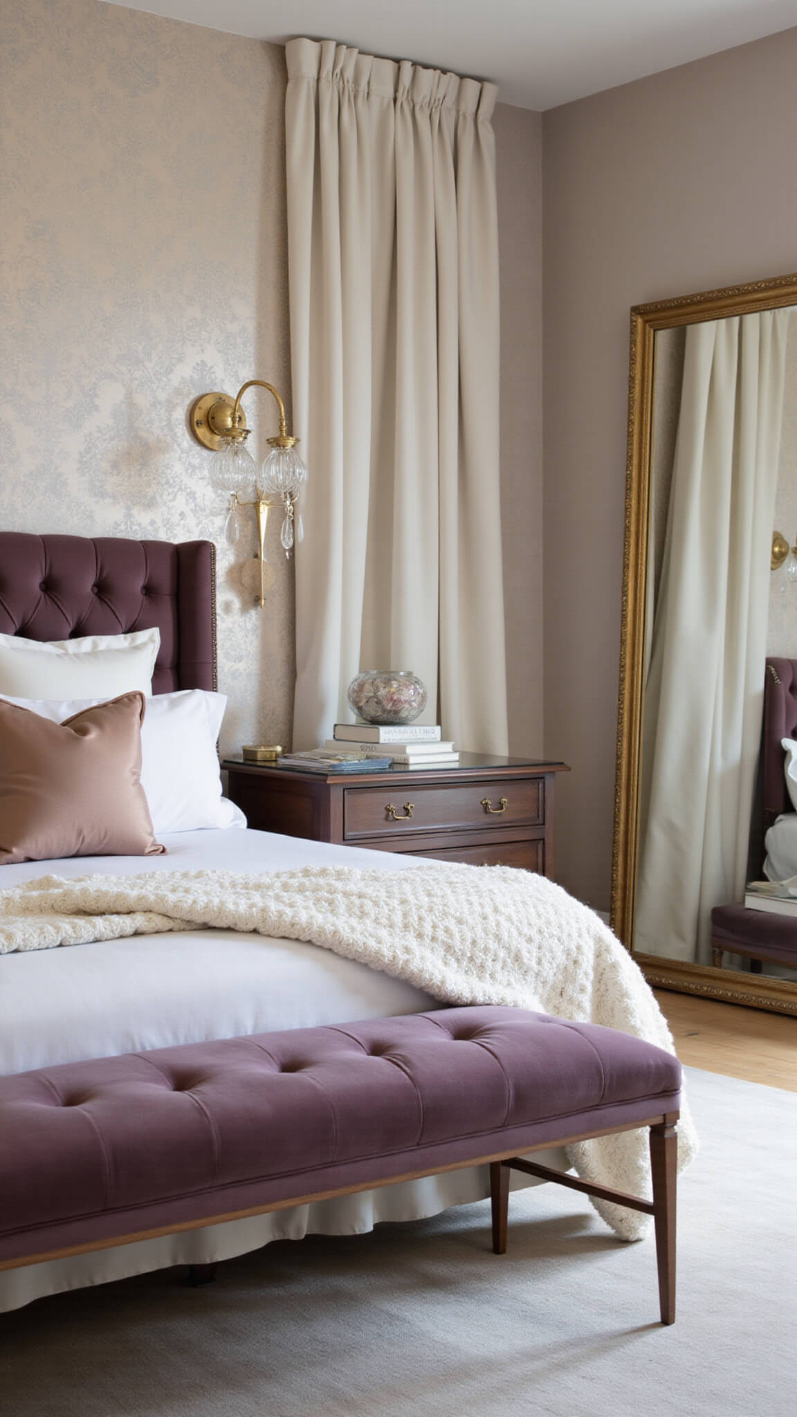 Luxury 16x18ft bedroom at dusk with mauve velvet tufted bench, pearl white silk drapes, ivory knit throw, metallic damask wallpaper, crystal sconces, and gilded floor mirror reflecting soft lighting.
