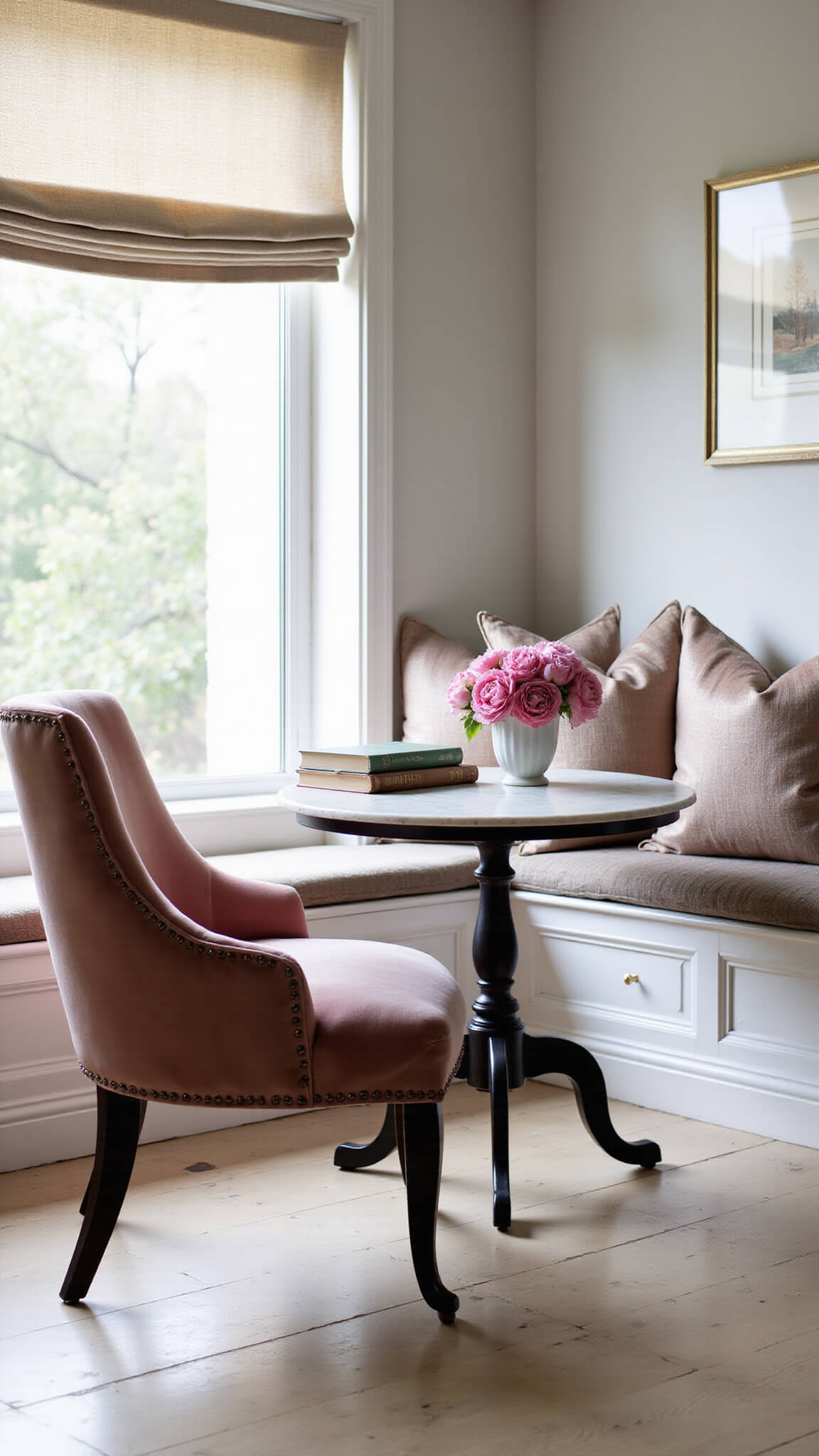 Cozy feminine breakfast nook with dusty rose velvet chair, marble bistro table, vintage books, fresh peonies, and window seat with plush cushions under sheer roman shades.
