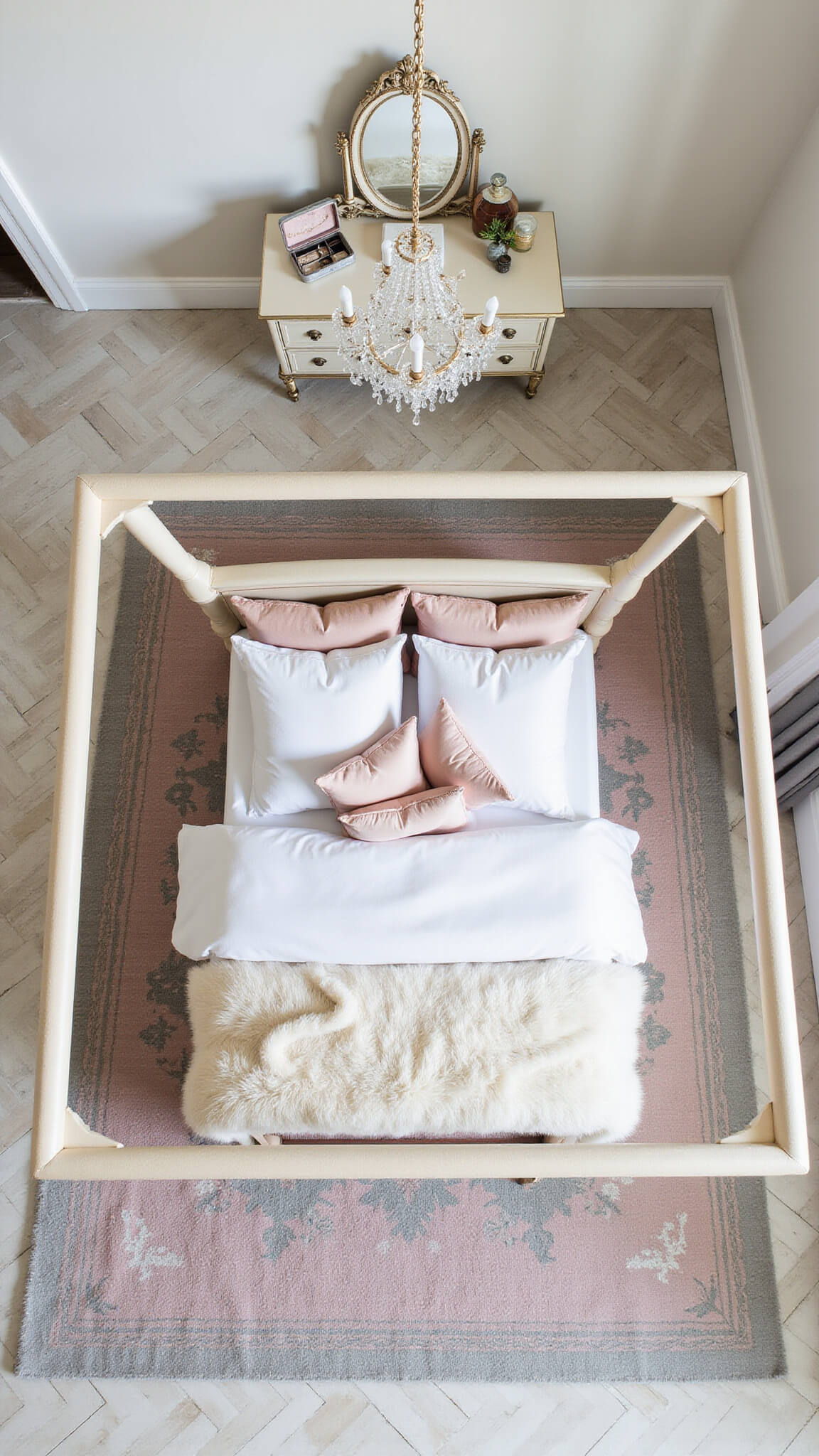 Overhead view of a luxurious 15x17ft bedroom with a four-poster bed, antique dresser, crystal chandelier, herringbone marble floors, and a soft pink vintage rug.