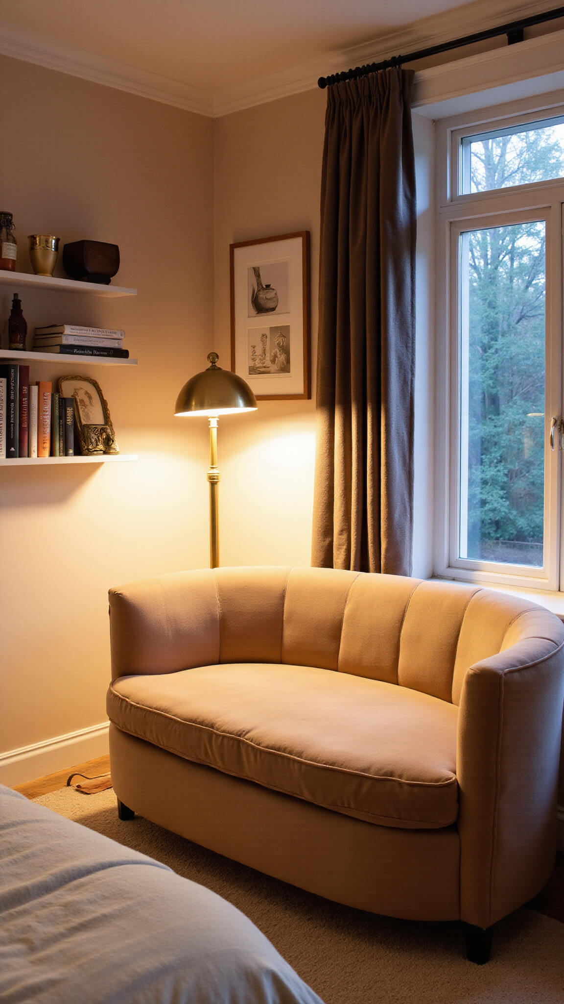 Cozy twilight reading nook in blush-toned bedroom with champagne velvet settee by bay window, warm brass floor lamp, floating shelves with books and ceramics, and gauzy curtains glowing at blue hour.