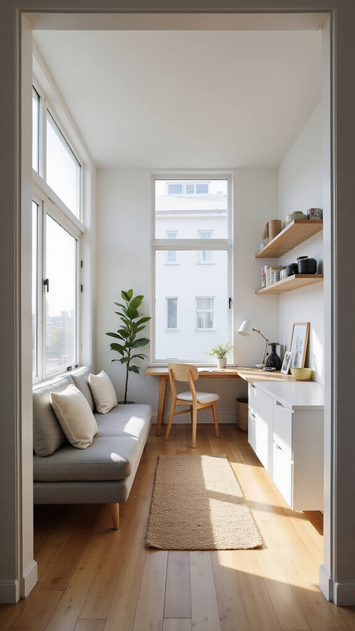 Cozy 300 sq ft studio with Scandinavian decor, morning light through tall windows, divided by white linen curtain, gray sofa-bed, wall-mounted desk, floating shelves with ceramics, mirrors, fiddle leaf fig, and layered neutral textures.