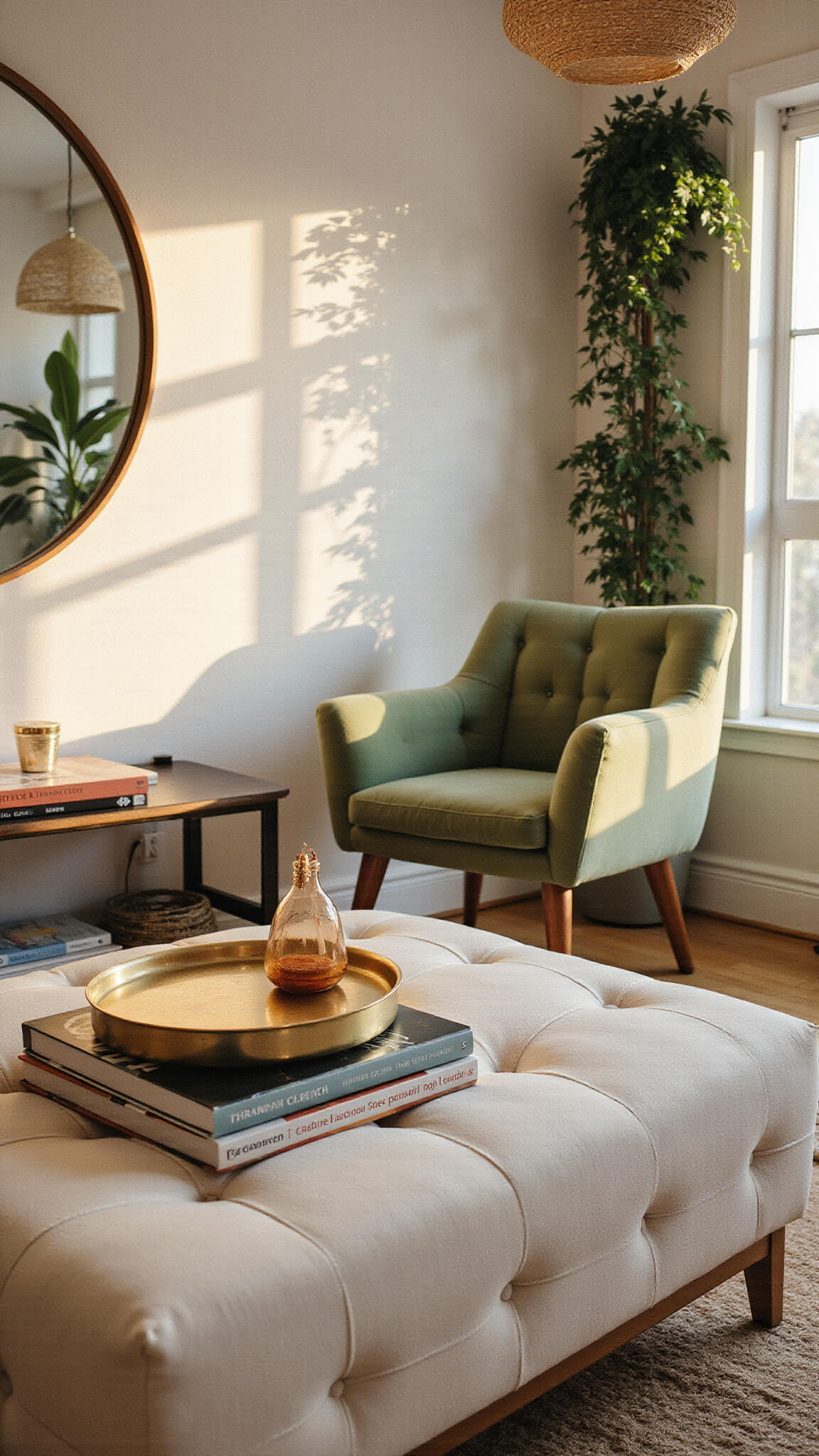 Cozy 200 sq ft living area with cream bouclé storage ottoman, sage green velvet chair, round mirror, vertical garden, and rattan pendant lamp in golden hour light.