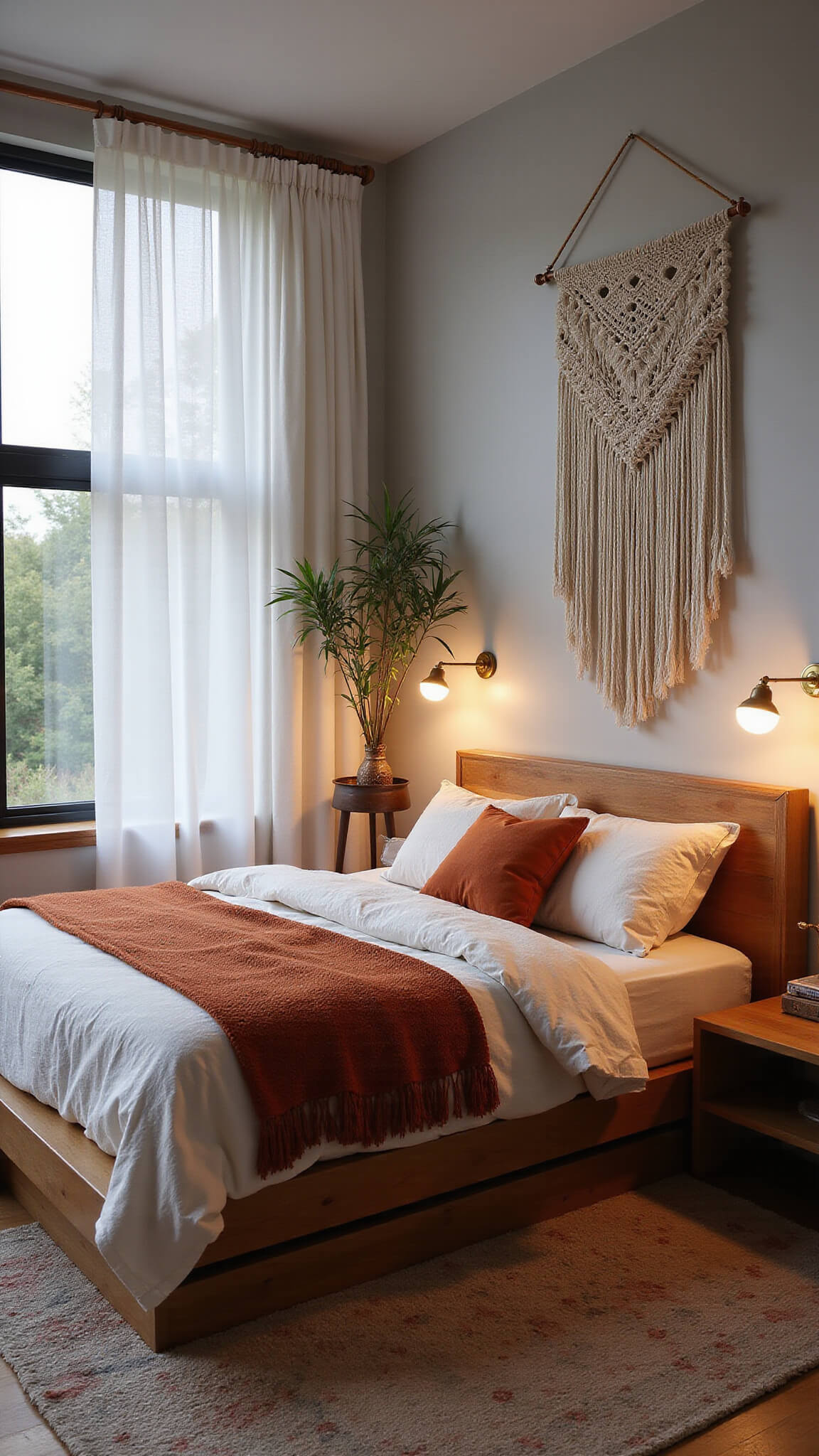 Bohemian bedroom corner at dusk with layered bedding, macramé wall hanging, vintage rug, and hanging plants.