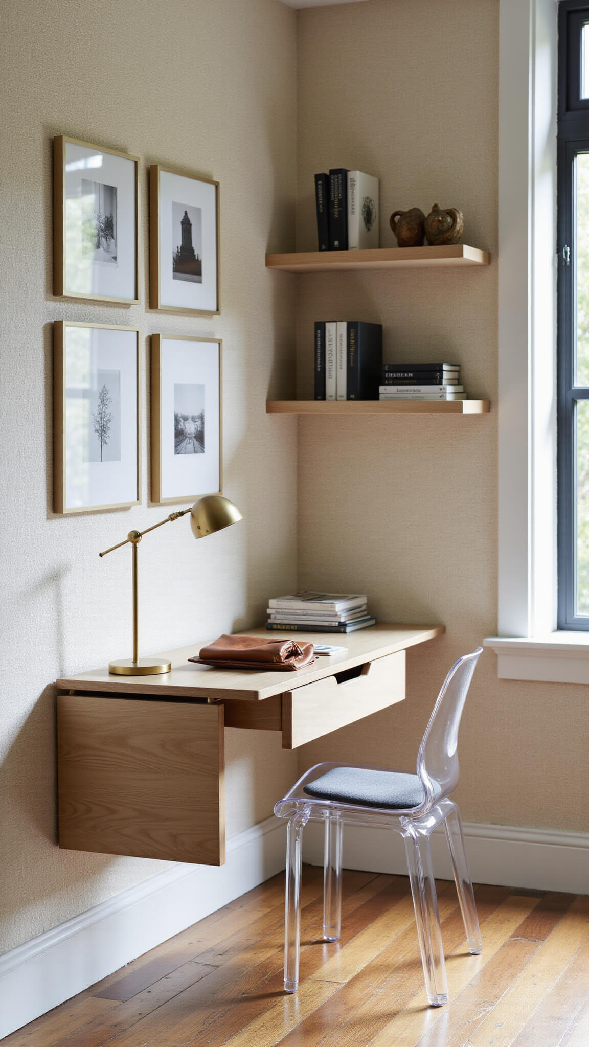 Minimalist home office nook with fold-down oak desk, brass lamp, ghost chair, framed black and white photos, floating shelves, and grass cloth wallpaper.