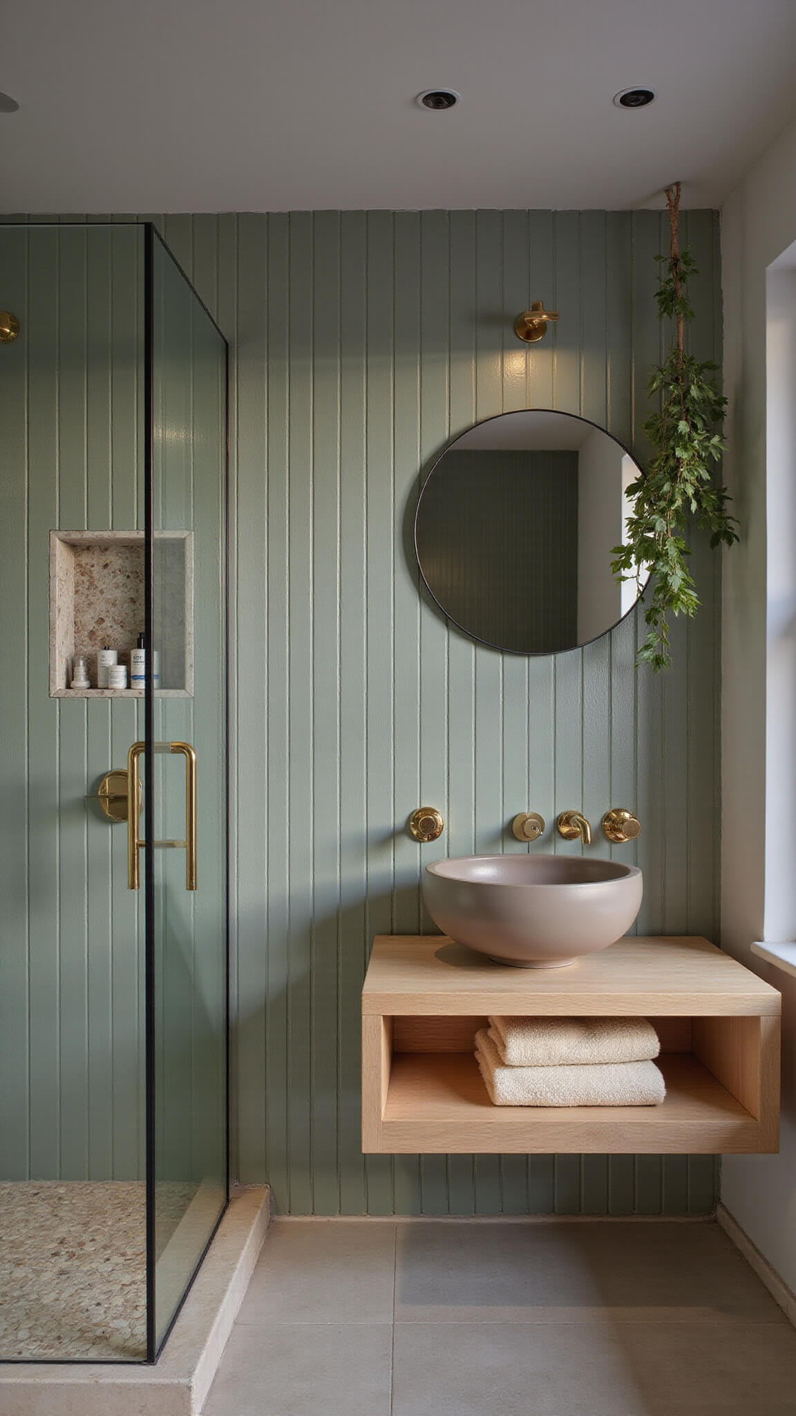 Twilight bathroom with sage vertical tiles, floating oak vanity, brass fixtures, LED round mirror, glass shower, eucalyptus bundle, and stone-tiled niches.