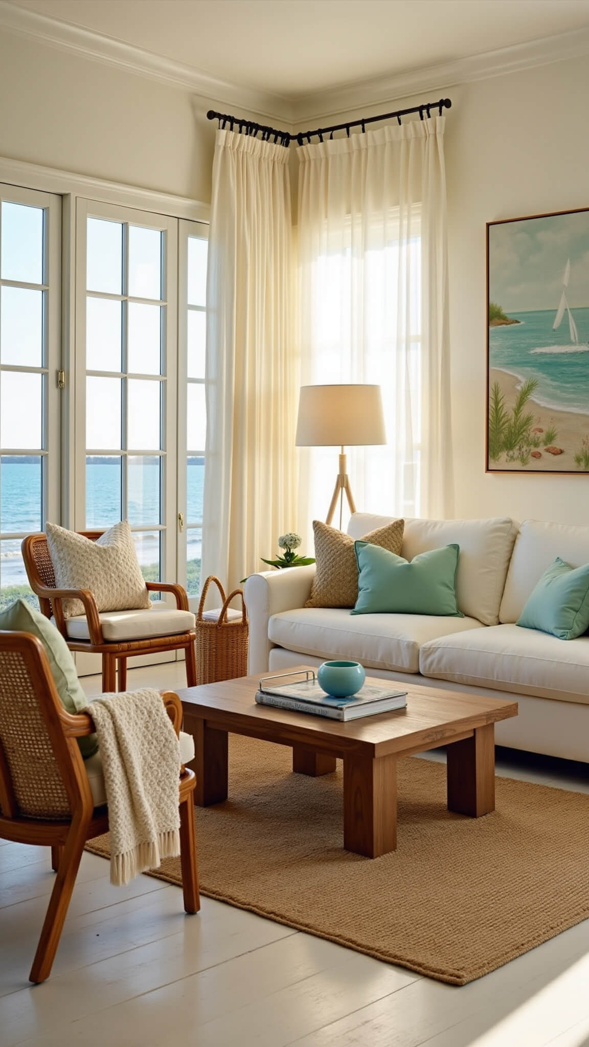 Coastal living room at golden hour with sheer curtains, ivory sofa, rattan chairs, teak coffee table, and warm natural lighting.