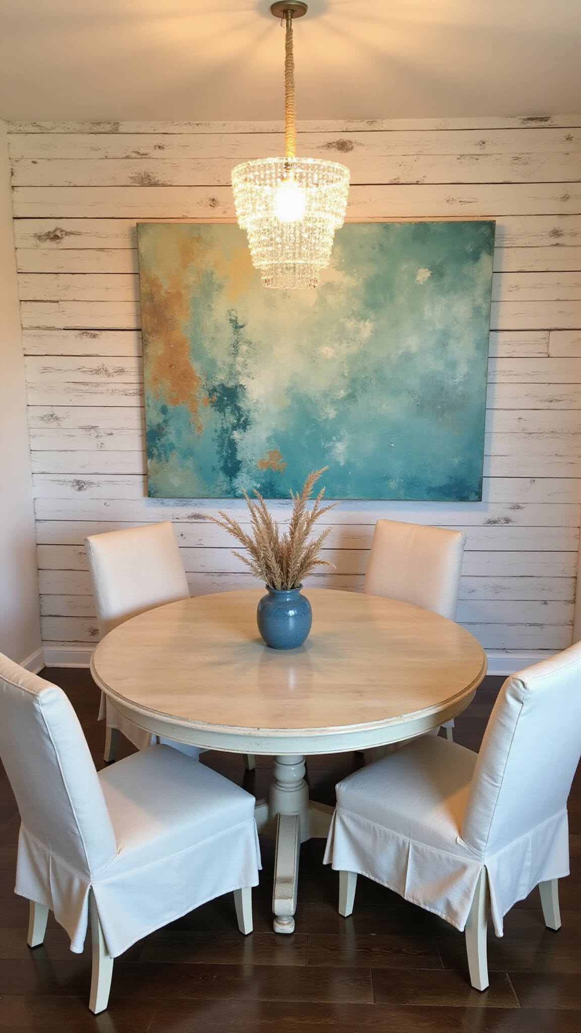 Overhead view of coastal dining room with round whitewashed table, rope chandelier, linen chairs, and abstract seascape on shiplap wall at twilight.