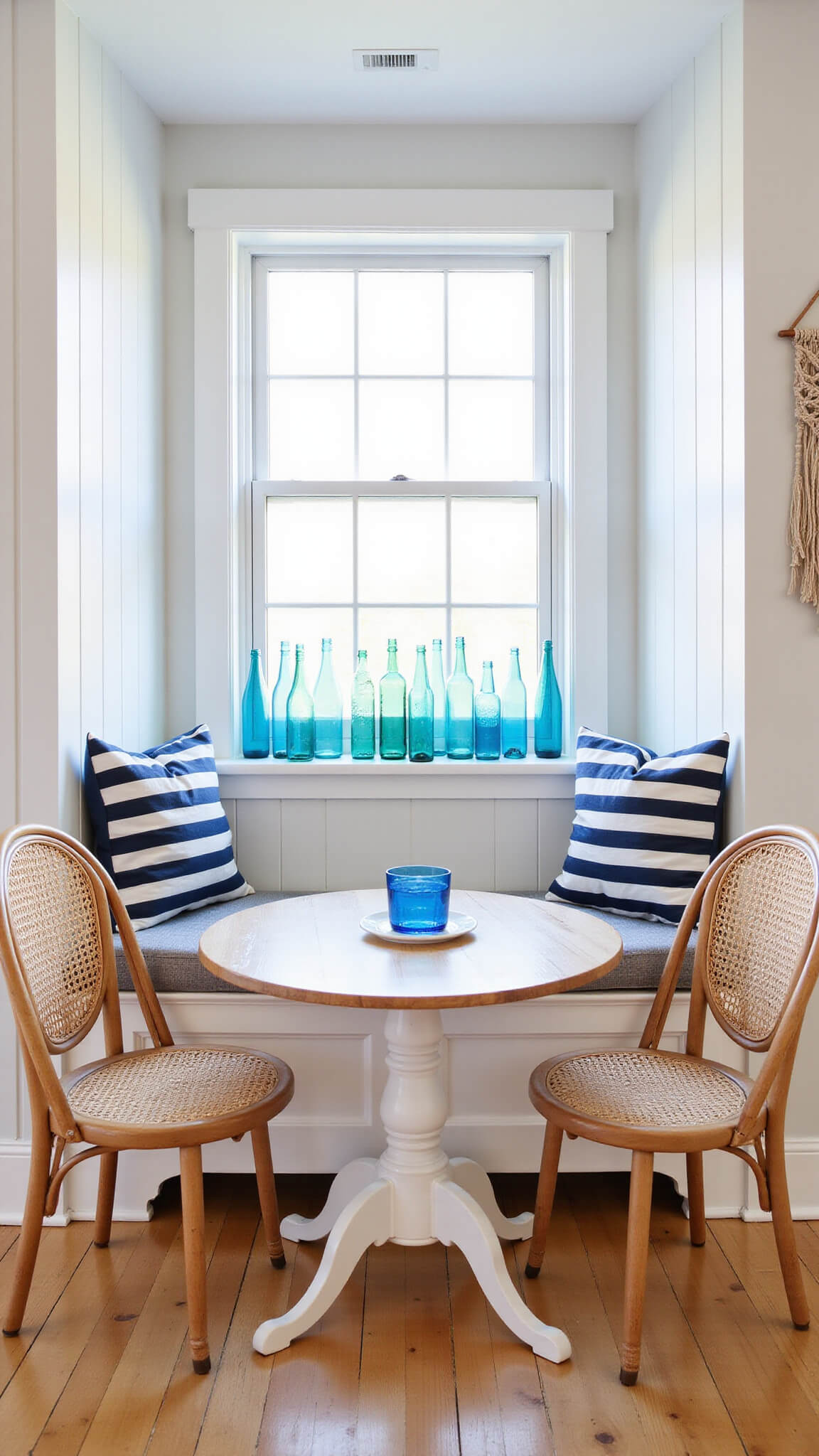 Coastal breakfast nook with morning light, built-in window seat with navy striped cushions, blue glass bottles on windowsill, round oak table, rattan chairs, and macramé wall hanging.