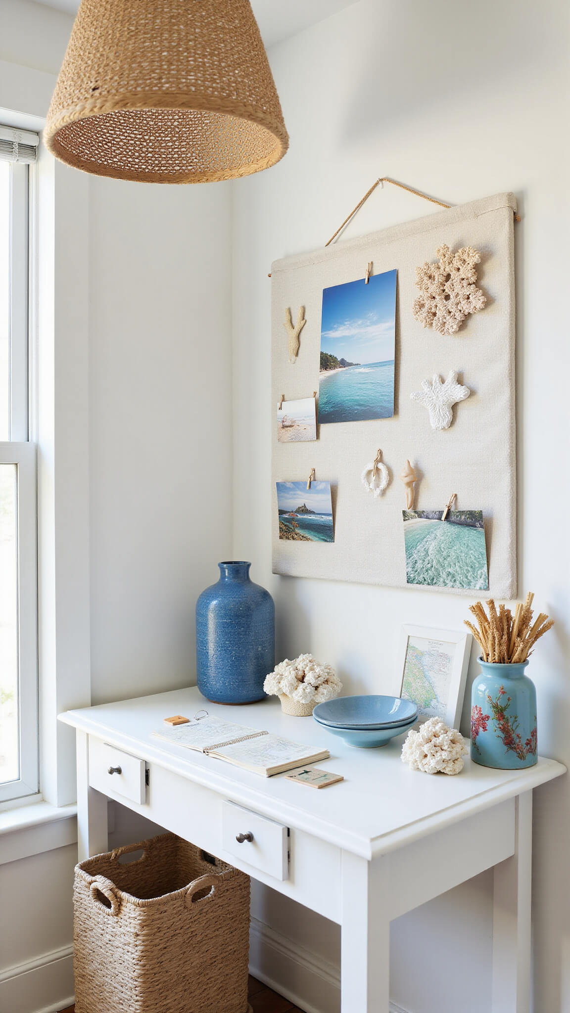 Beach-inspired home office corner with whitewashed desk, coastal decor, and natural textures in bright daylight.