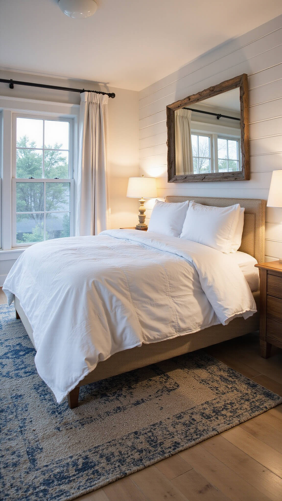 Coastal-inspired main bedroom at dusk with king bed, floor-to-ceiling windows, driftwood mirror, layered rugs, and soft lamp lighting.