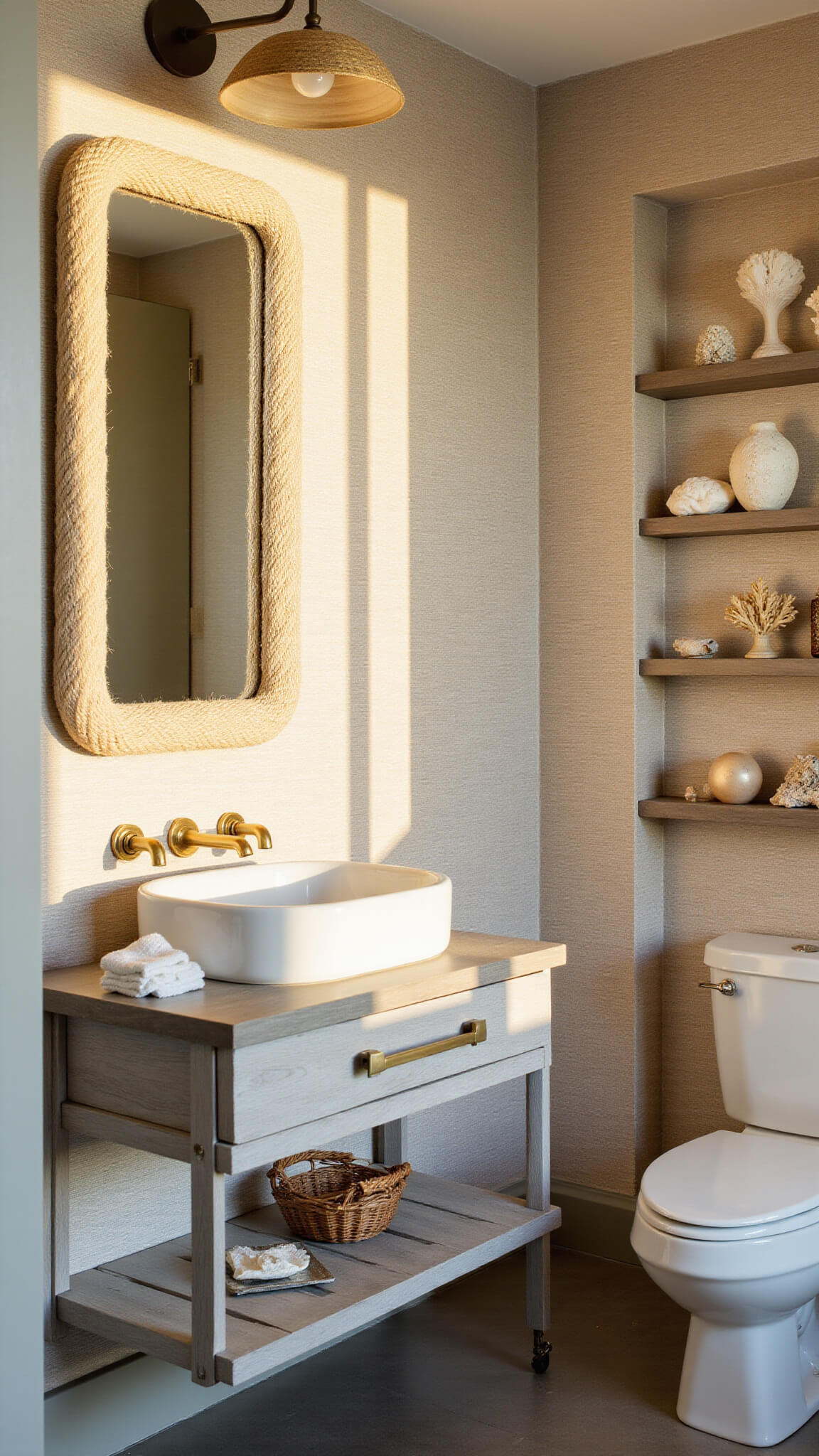 Coastal powder room with rope-wrapped mirror, weathered grey floating vanity, brass fixtures, and sandy beige grasscloth wallpaper in warm late afternoon light.