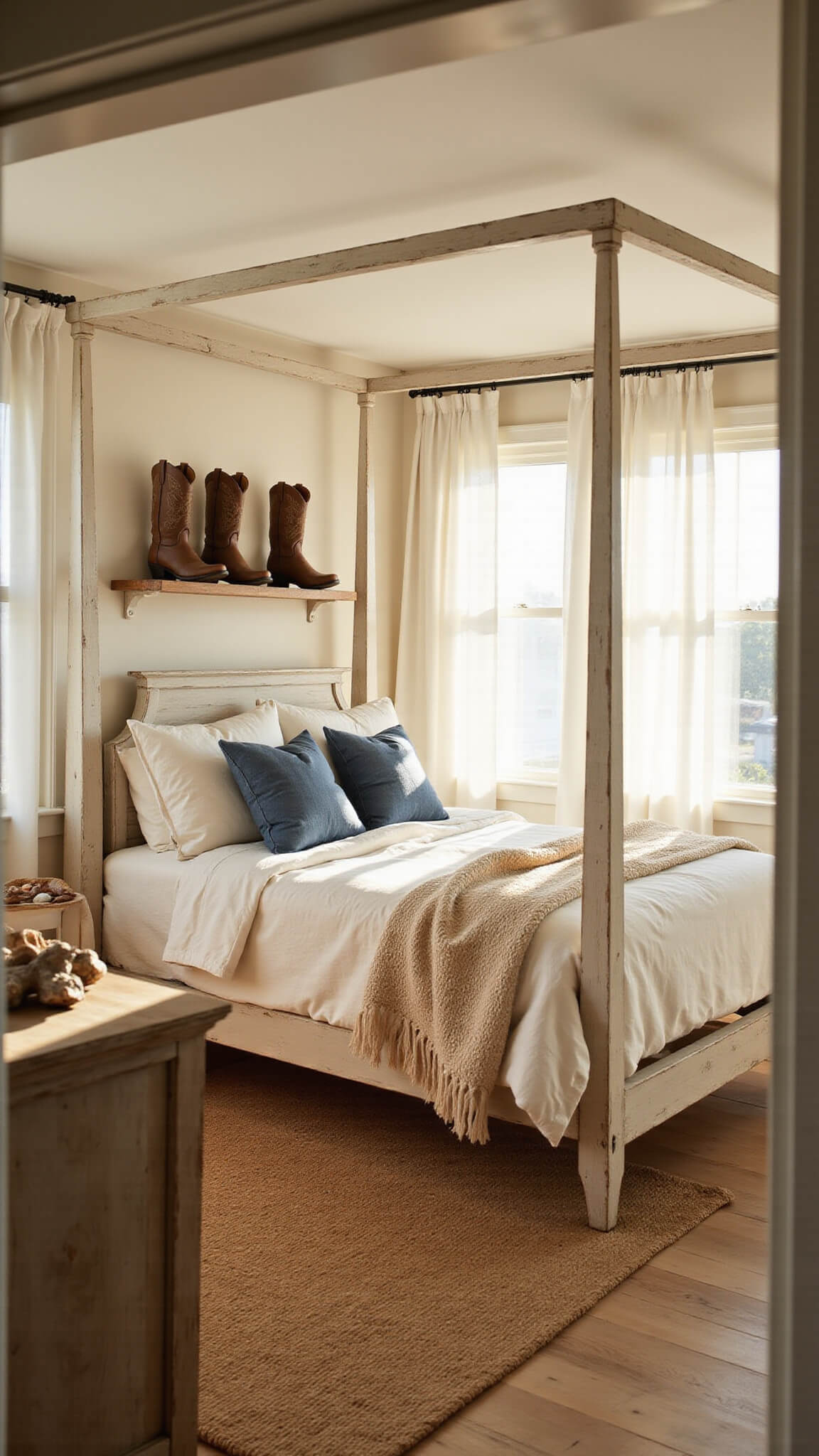 Coastal cowgirl bedroom at golden hour with canopy bed, denim pillows, vintage cowboy boots on shelves, and billowing sheer curtains in sunlit glow.