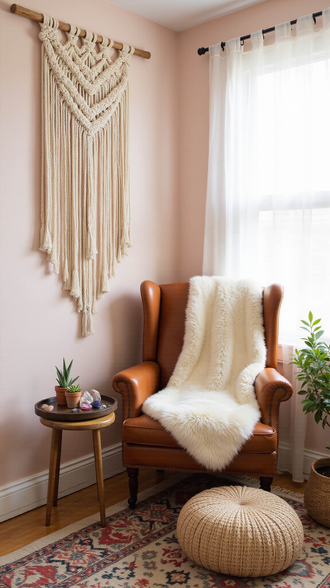 Cozy bedroom corner with macramé wall hanging, leather chair with sheepskin throw, rustic side table with crystals and air plants, and layered rugs with jute pouf in morning light.