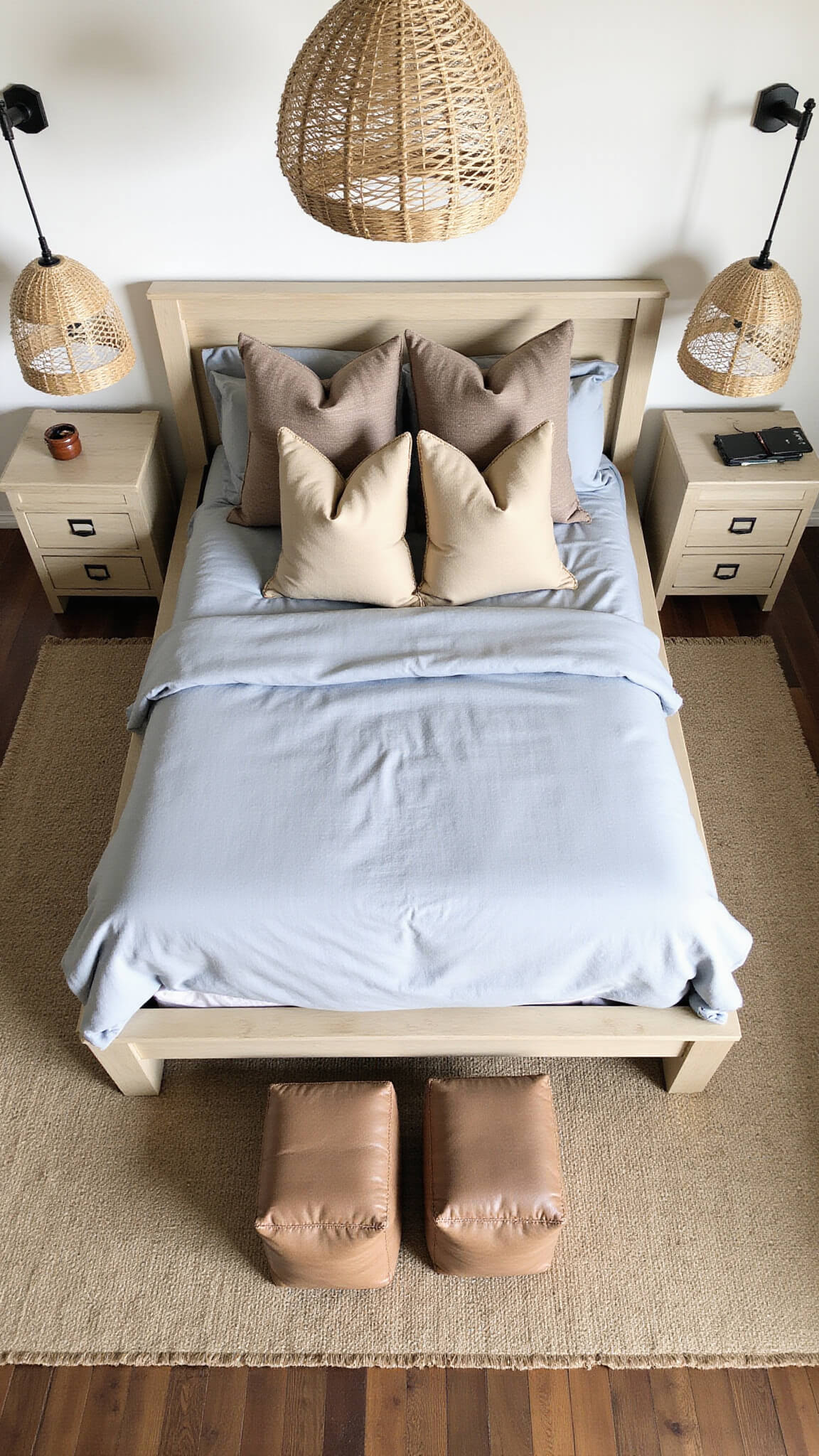 Overhead view of a coastal cowgirl-style master bedroom with a white oak bed, chambray blue linens, earth-toned pillows, woven pendant lights, and leather ottomans in soft morning light.