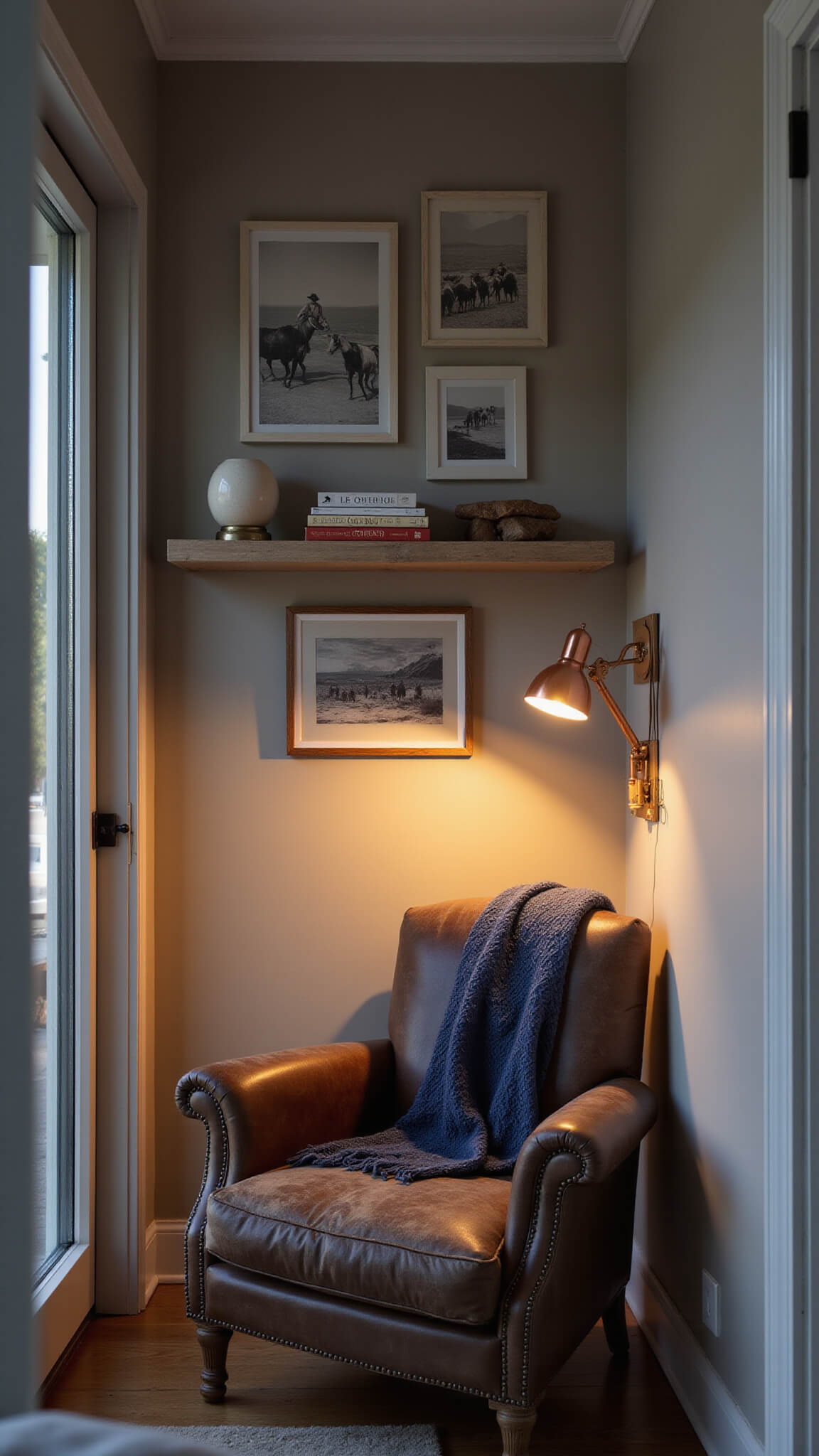 Cozy bedroom reading nook at dusk with leather armchair, copper lamp, gallery wall of rodeo and ocean art, indigo throw, and shelf of beach treasures.
