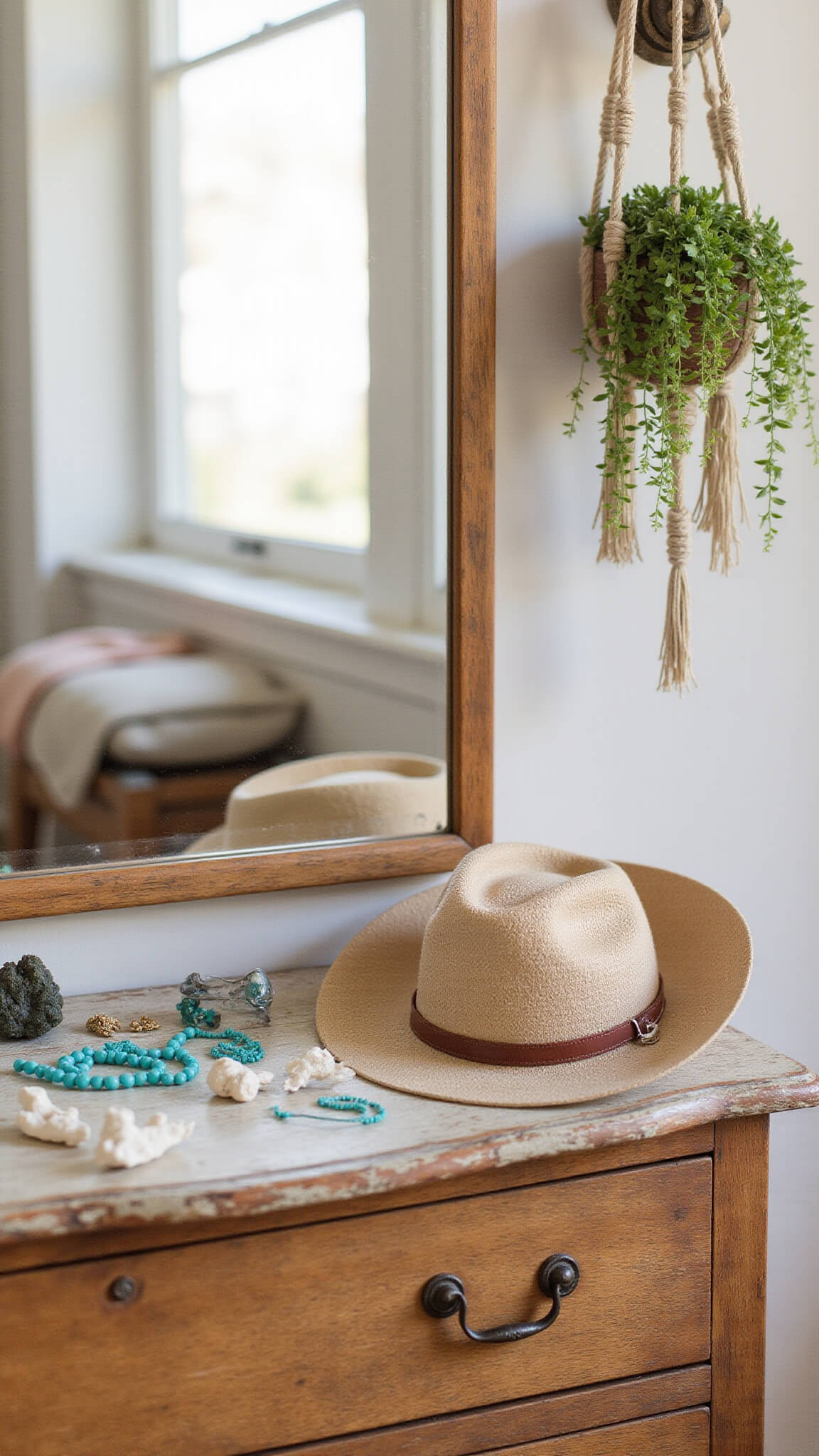 Close-up of a vintage wooden vanity with coral, turquoise jewelry, and a cowboy hat, reflected in soft natural light with hanging succulents.
