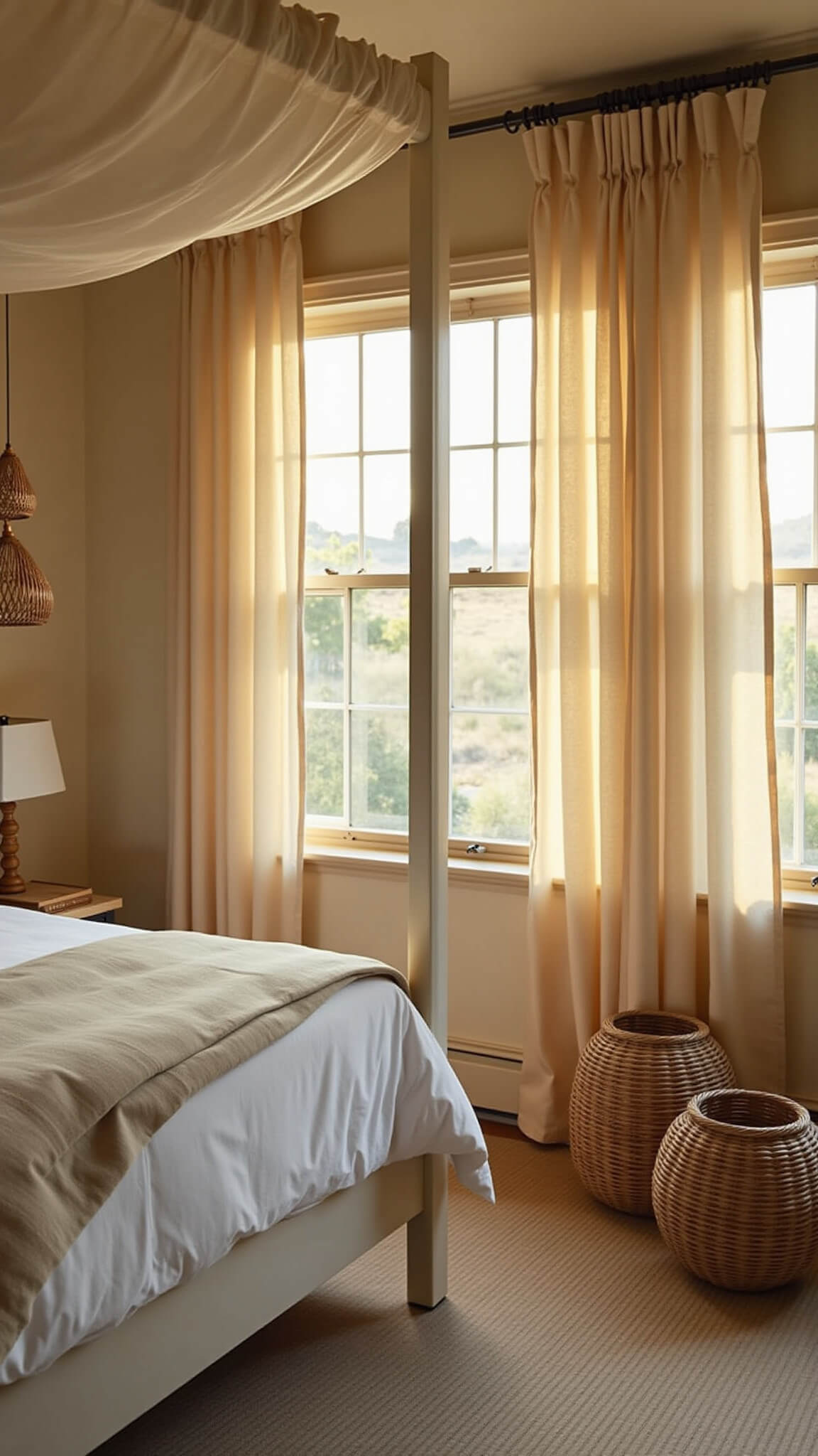 Sunlit coastal cowgirl bedroom with sheer curtains, canopy bed in neutral tones, rattan pendant lights, and woven baskets in the corner.