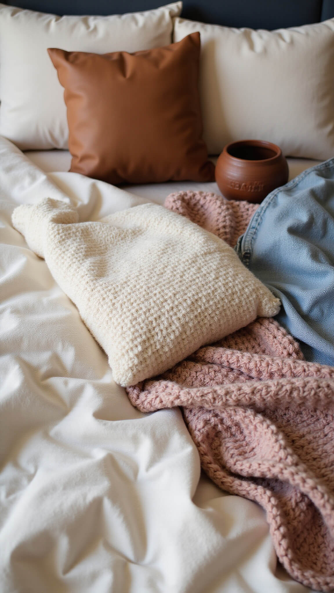 Close-up of rumpled ivory linen bedding with cream and blush knit throws, leather and denim pillows, and a vintage bandana in soft afternoon light.