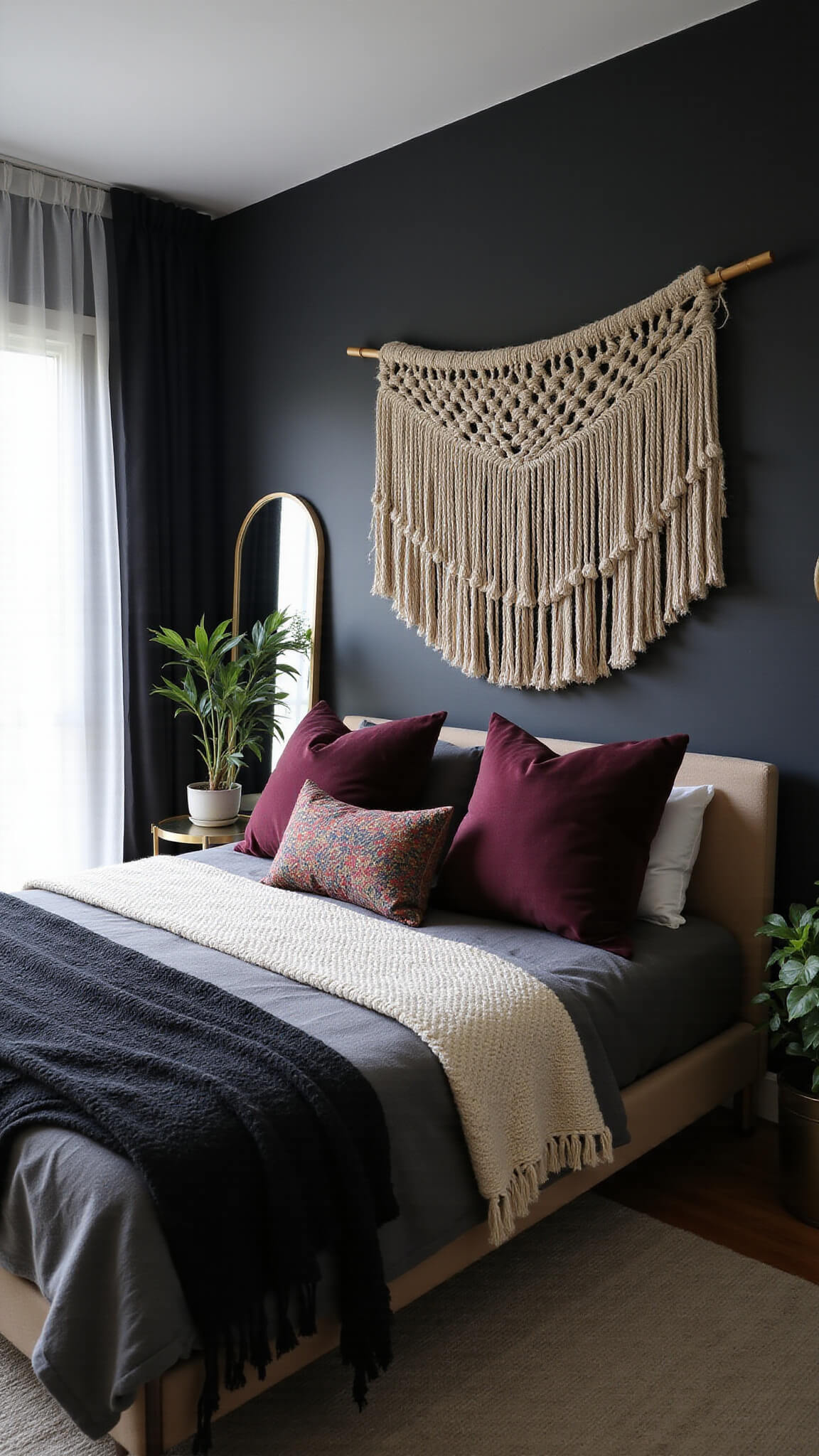 Moody bedroom with matte black walls, low platform bed in charcoal linens, cream throws, jewel-toned pillows, large macramé wall hanging, potted plants, and brass accents bathed in soft morning light.