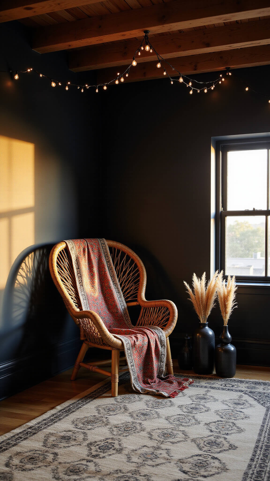Low-angle view of a black boho bedroom corner at golden hour with matte black exposed beams, a rattan peacock chair draped in a Persian tapestry, copper string lights overhead, layered Moroccan rugs, and black ceramic vases holding dried pampas grass.