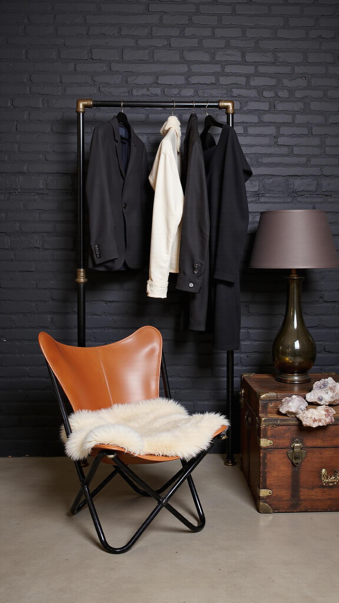 Black metal pipe clothing rack with curated black, cream, and rust garments against a black-painted brick wall; leather butterfly chair with sheepskin throw beside vintage trunk nightstand holding a smoky glass lamp and crystal clusters, all styled in moody lighting.