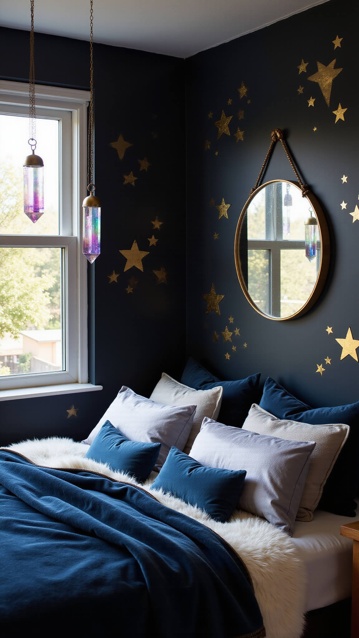 Boho sleeping nook with black walls, gold star decals, layered velvet and silk bedding, crystal prisms casting rainbows, and brass-framed mirror in soft natural light.