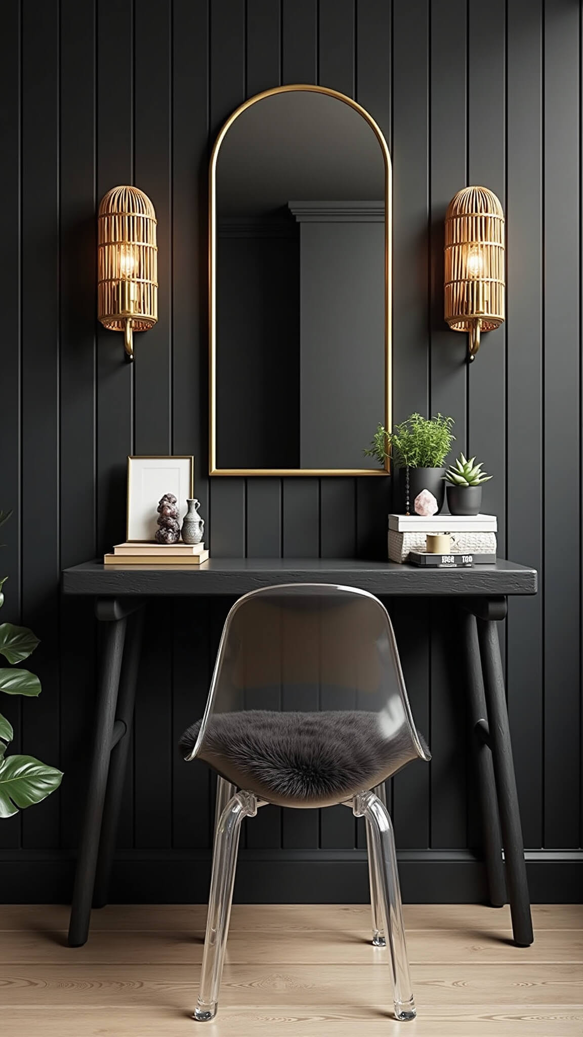 Modern black boho vanity with gold art deco mirror, rattan sconces, floating shelf of crystals and succulents, ghost chair with black sheepskin, against black shiplap wall.