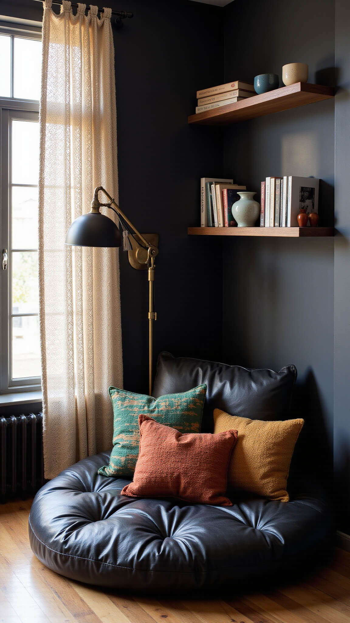 Cozy reading nook with black walls, cream macramé curtain, leather floor cushion, colorful pillows, brass floor lamp, and wooden shelves with books and ceramics.