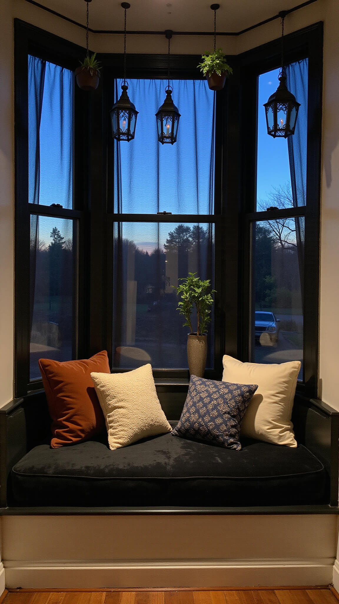 Black boho window seat at twilight with velvet bench, textured pillows, hanging plants, and Moroccan lanterns casting shadows.