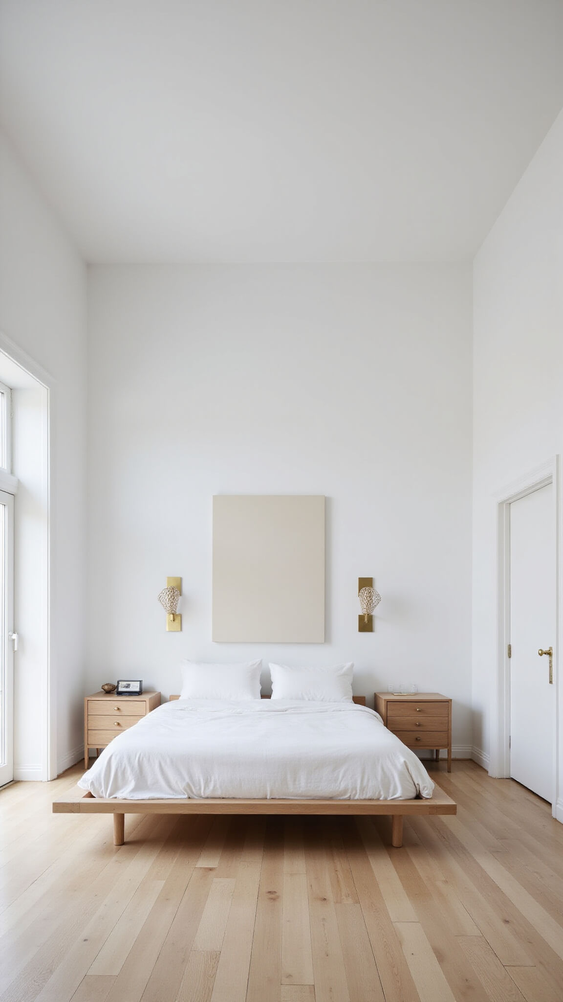 Modern minimalist bedroom with white oak flooring, a low-profile ash wood bed with white linens, brass sconces, and soft morning light through floor-to-ceiling windows.