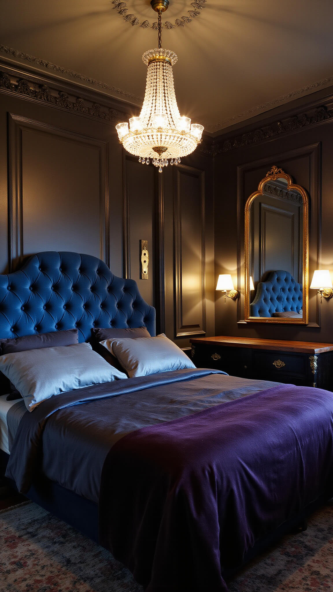Luxurious moody bedroom with charcoal walls, midnight blue tufted bed, jewel-toned bedding, crystal chandelier, and vintage brass mirrors at dusk.
