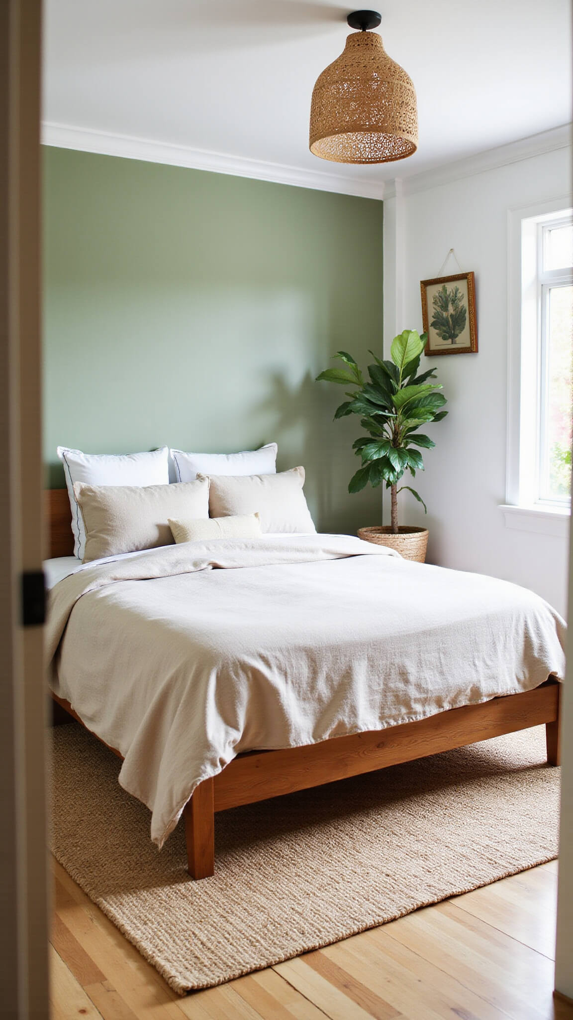 Sunlit corner bedroom with sage green accent wall, teak platform bed, raw linen bedding, fiddle leaf fig, hanging plants, jute rug over bamboo floor, and peaceful organic decor.