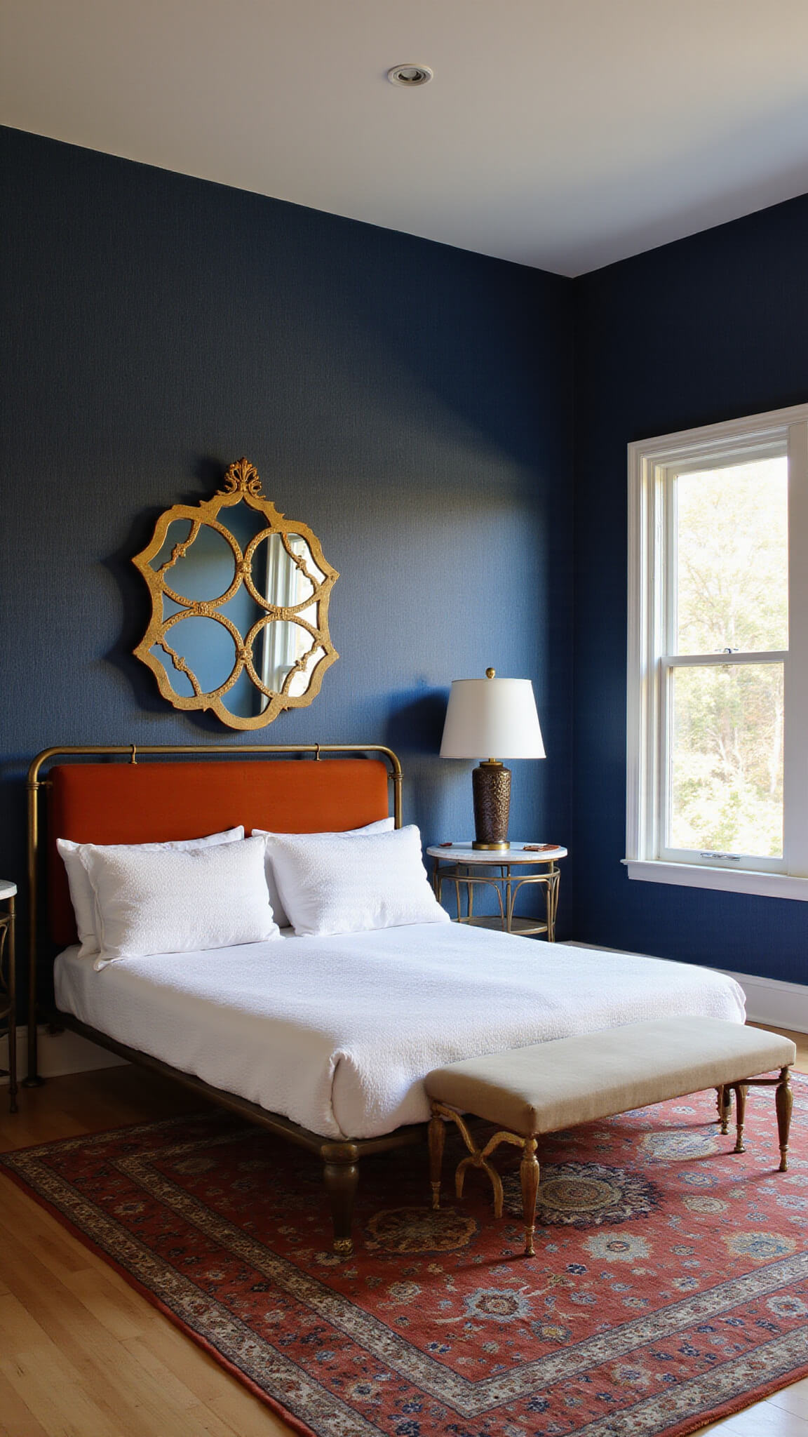 Master bedroom at golden hour with navy grasscloth accent wall, brass-frame bed with terracotta velvet headboard, gold geometric mirror, layered rust and azure vintage rugs, and warm natural and LED lighting.