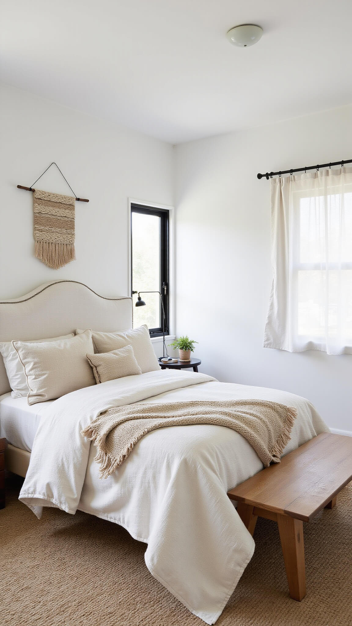 Cozy 13x15ft bedroom with white walls, black steel-framed windows, California king bed, layered cream textiles, handwoven wall hanging, and soft midday light.