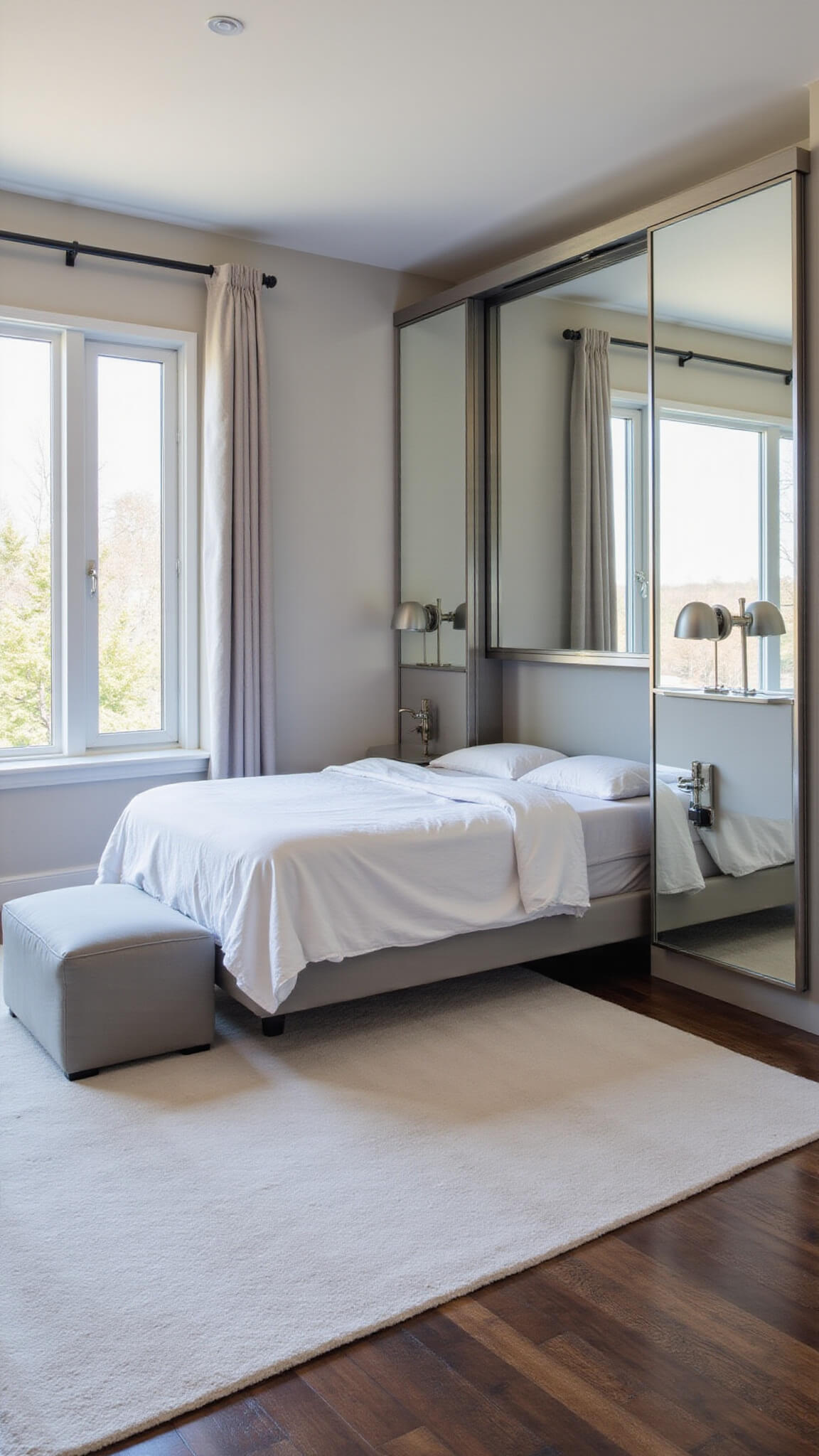 10x12ft bedroom with Murphy bed, built-in storage, mirrors, and floating nightstands flooded with afternoon light.