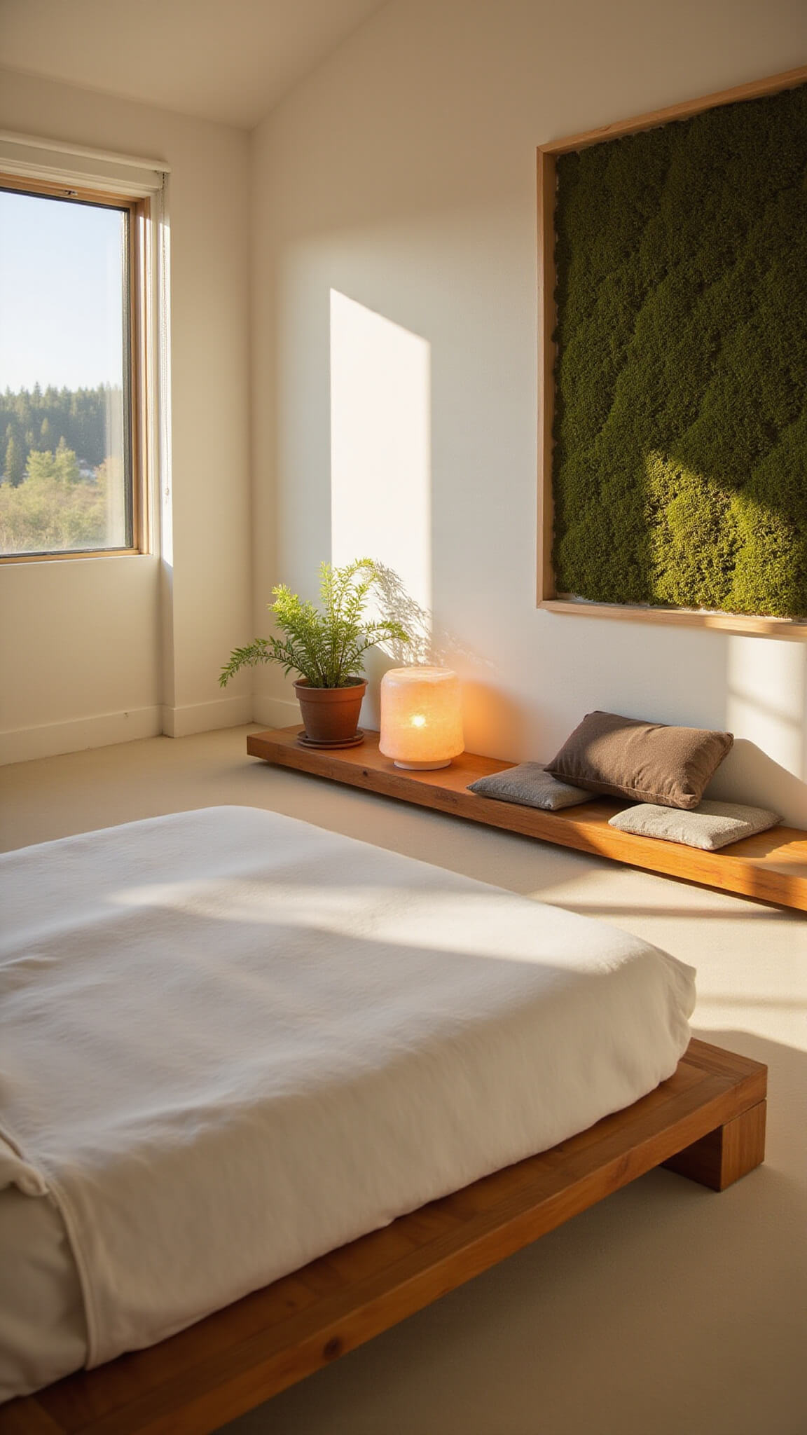 Tranquil 14x16ft wellness retreat bedroom at dawn with low wooden bed, organic bedding, moss wall, meditation cushions, salt lamp, and soft morning light.