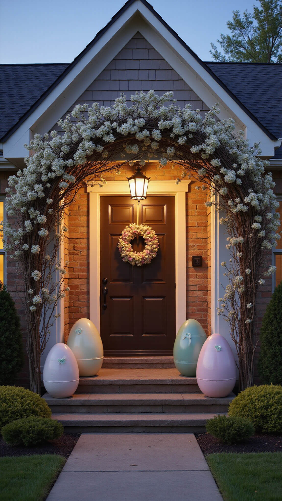 Twilight view of a colonial-style front entrance with a cherry blossom grapevine arch and large vintage Easter eggs, softly lit with landscape lighting.