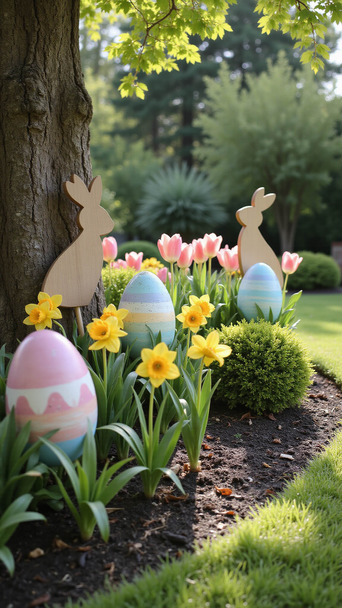 Whimsical garden corner with large pastel-painted wooden Easter eggs amid tulips and daffodils, wooden bunny stakes peeking from foliage, dappled sunlight and layered decorative elements.