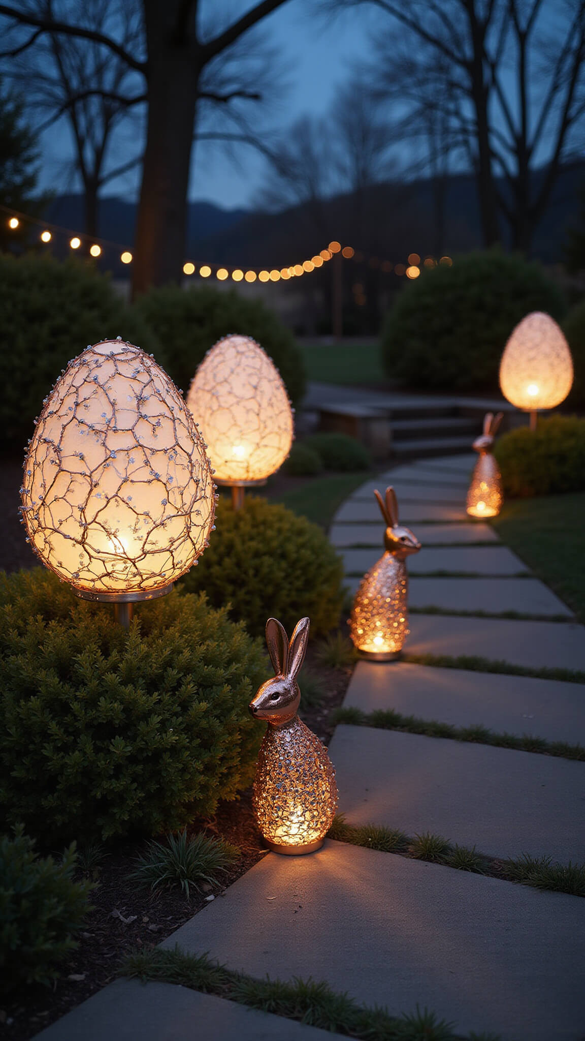 Evening garden with glowing grapevine orbs, pearl-finish giant eggs, rose gold bunny silhouettes, and crystal egg stakes under soft blue hour lighting.
