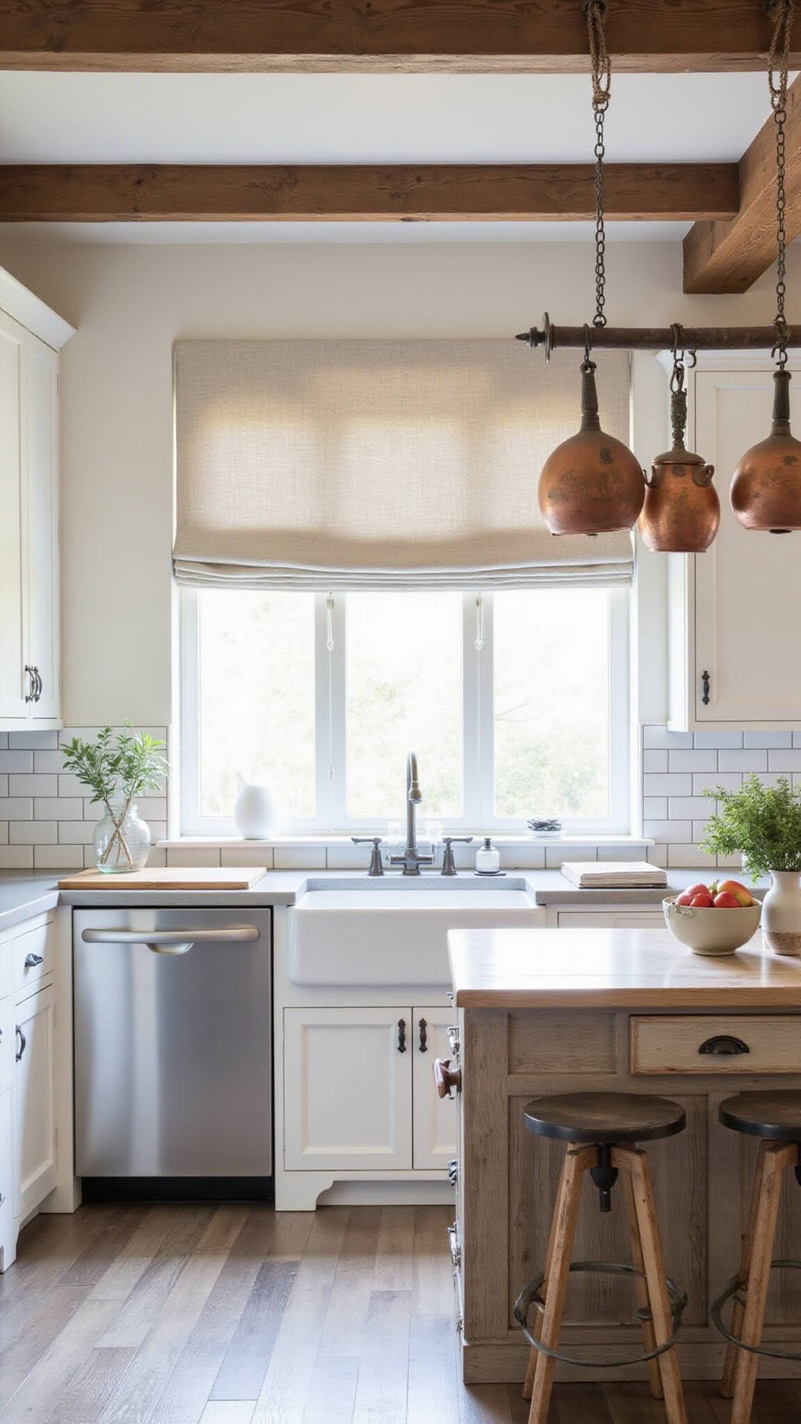 Cozy 12x18ft farmhouse kitchen with exposed wooden beams, white cabinets, distressed wood island, hanging copper pots, and white subway tiles with dark grout.
