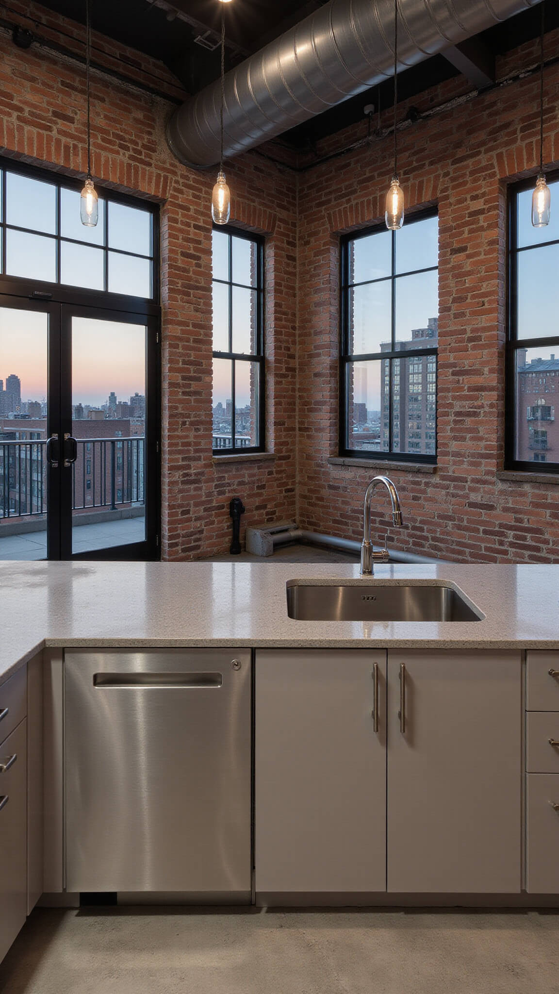 Industrial-style urban loft kitchen with greige cabinets, brick walls, concrete floors, pendant lights, and city views through black steel windows.