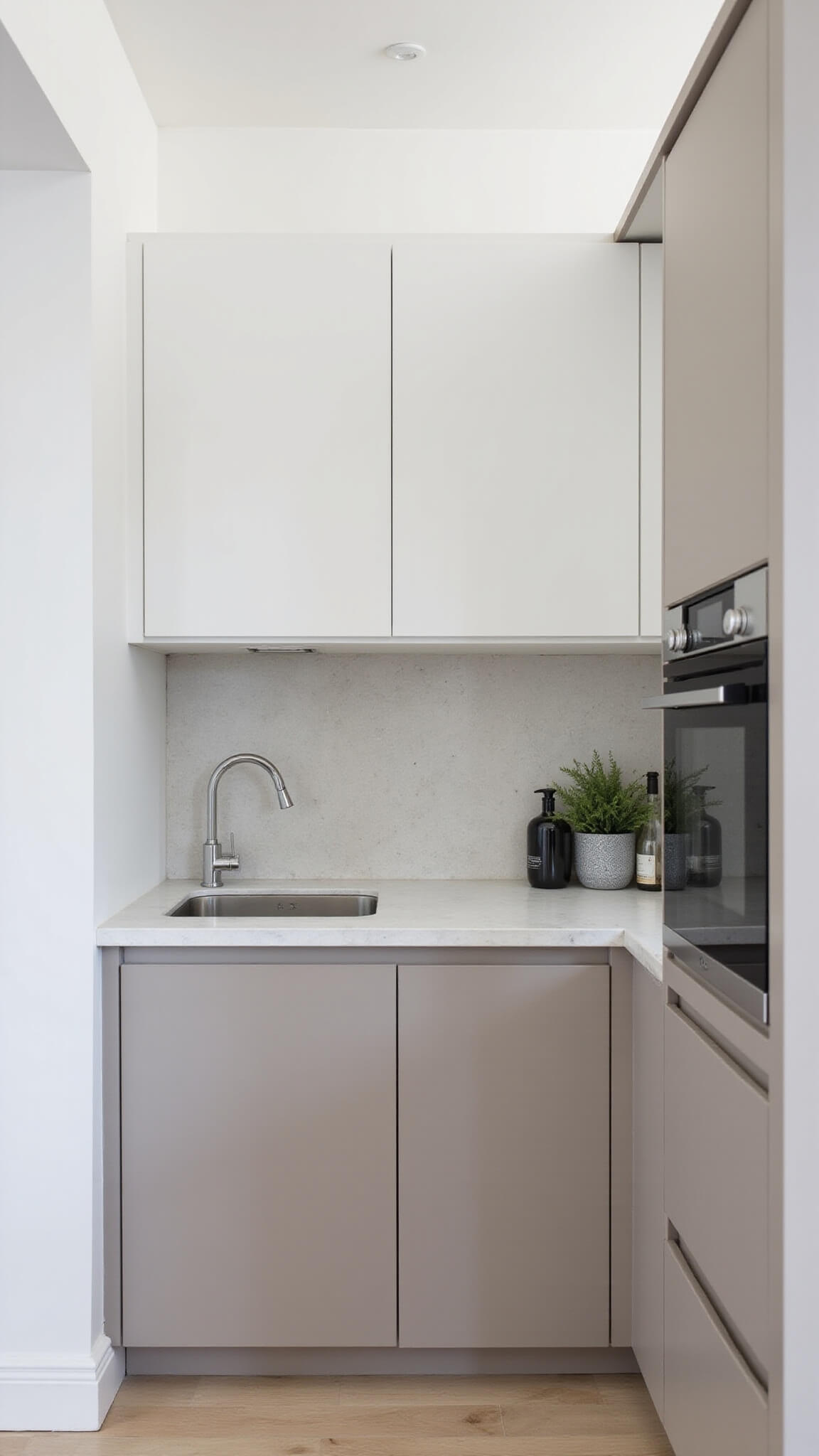 Minimalist 10x12ft greige kitchen with matte floor-to-ceiling cabinets, integrated appliances, and white stone countertops, photographed at a 45-degree angle in bright midday light.