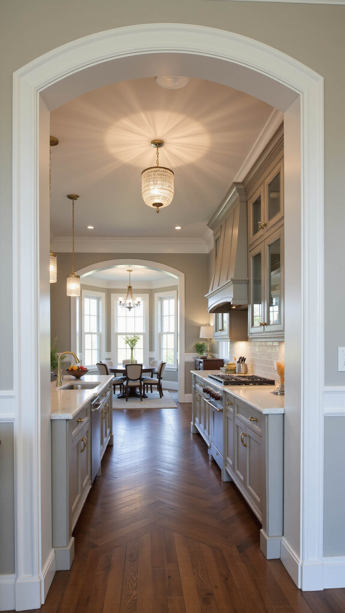 Classic greige kitchen with marble island, crystal chandelier, herringbone wood floors, brass fixtures, and crown molding.